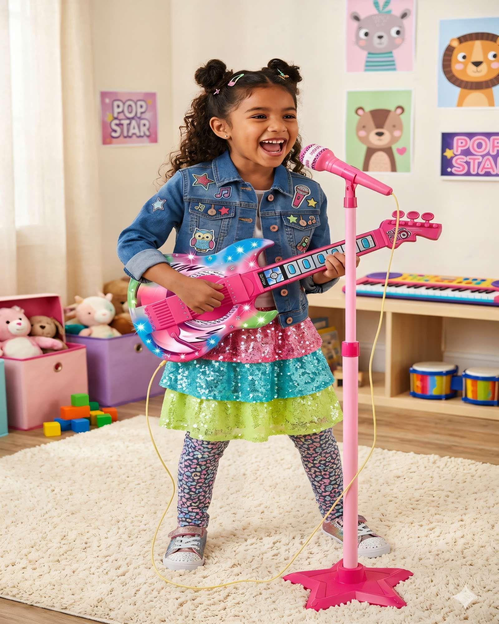 PACK DE JUGUETE GUITARRA CON MICROFONO Y PEDESTAL CON LUCES LED COLOR ROSADO-2