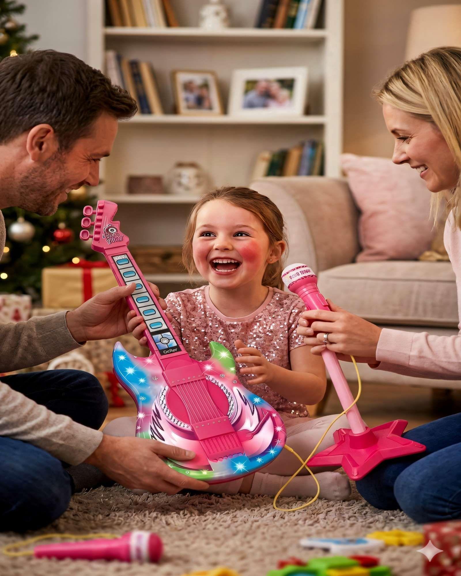 PACK DE JUGUETE GUITARRA CON MICROFONO Y PEDESTAL CON LUCES LED COLOR ROSADO-3