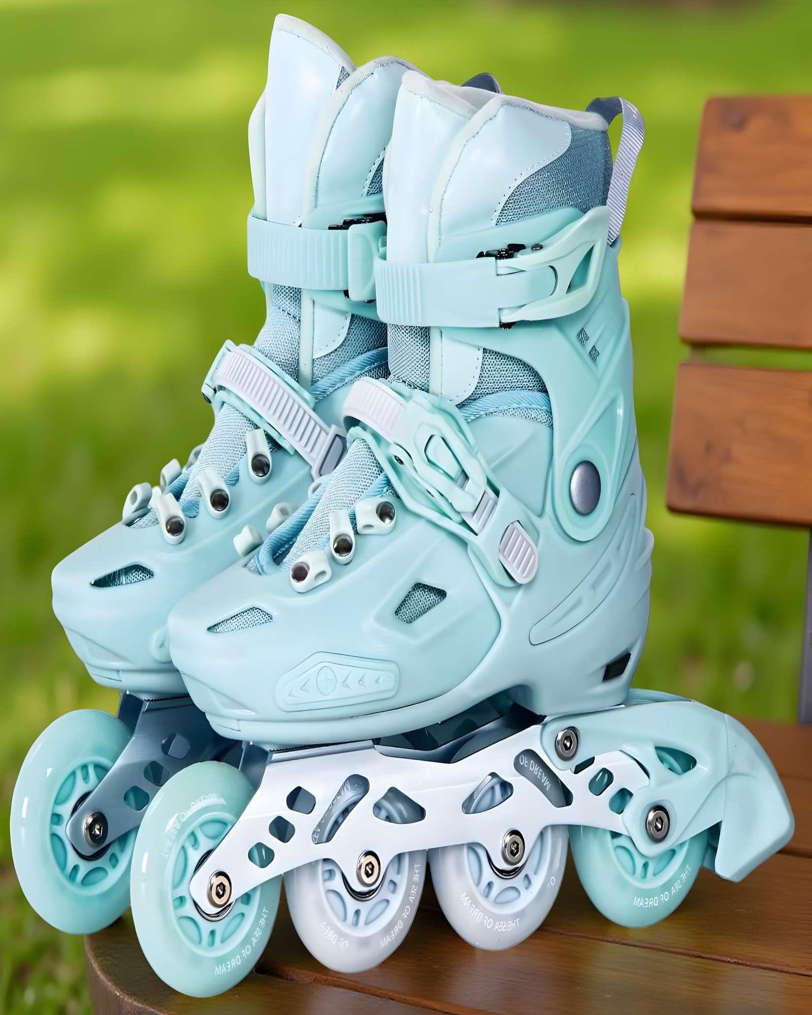 PATIN LINEAL CON LUCES MAS KIT TALLA S 27-31 CELESTE-3