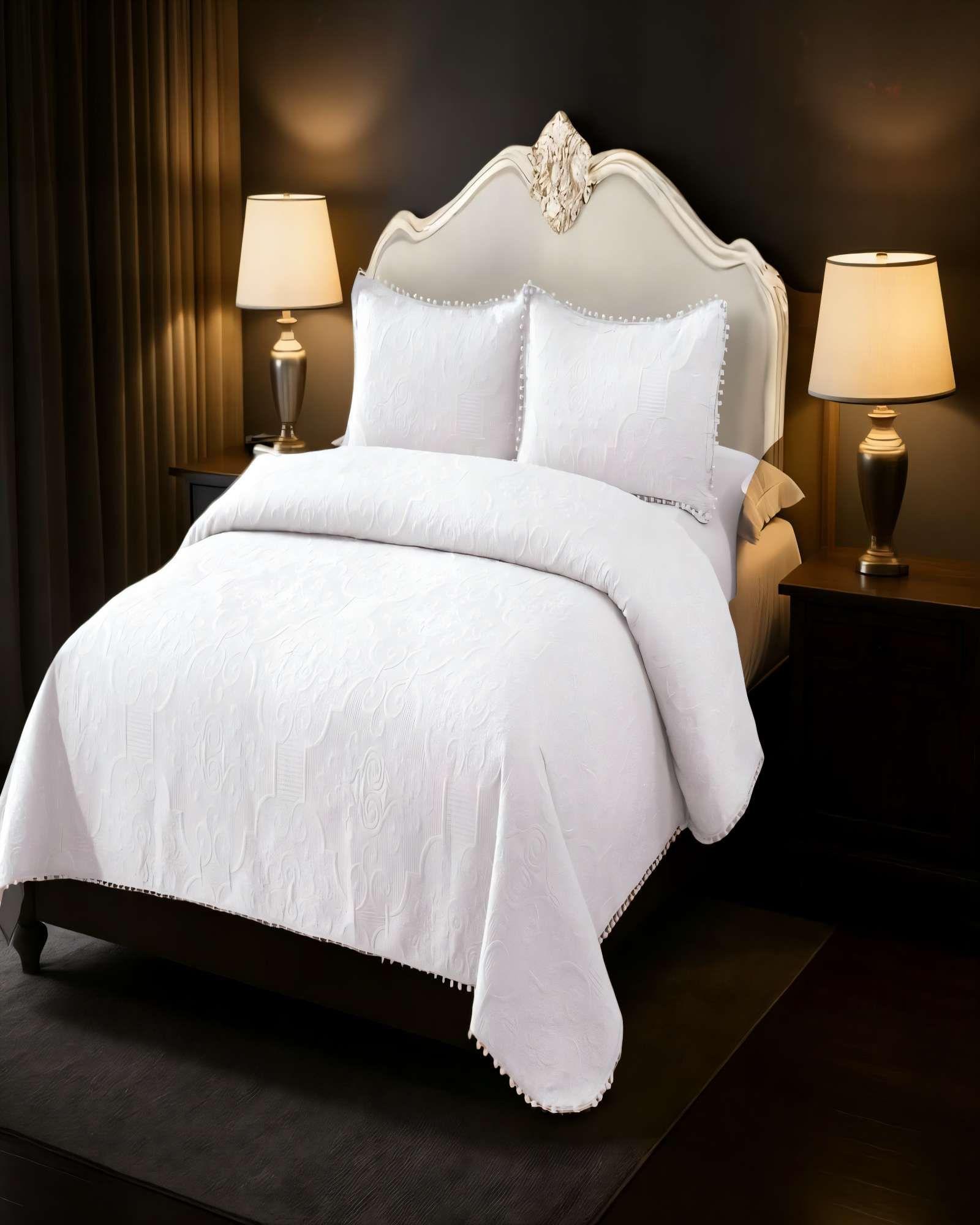 QUILT CUBRECAMA DE VERANO 2 PLAZAS CON POMPON COLOR BLANCO-2