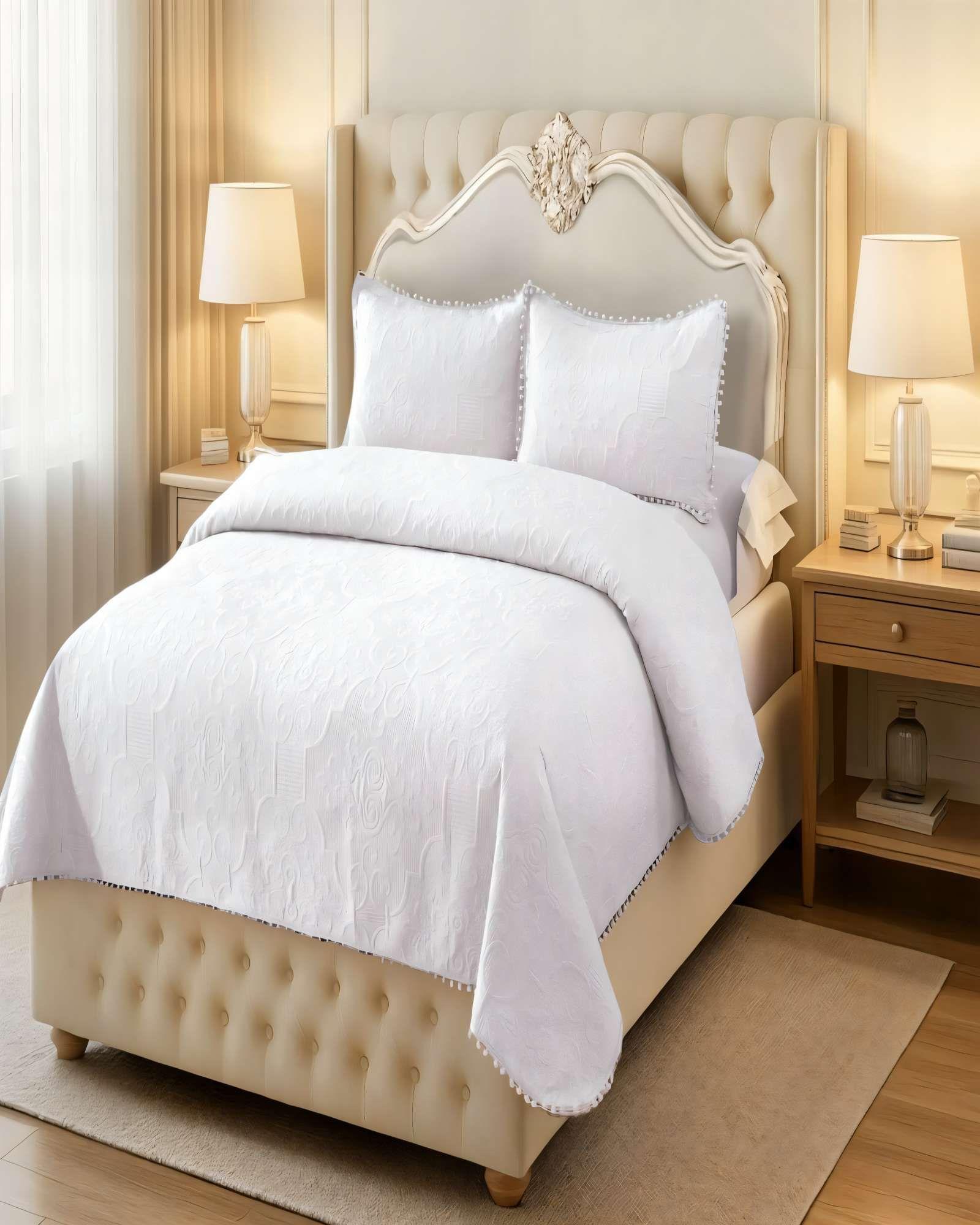 QUILT CUBRECAMA DE VERANO 2 PLAZAS CON POMPON COLOR BLANCO-3