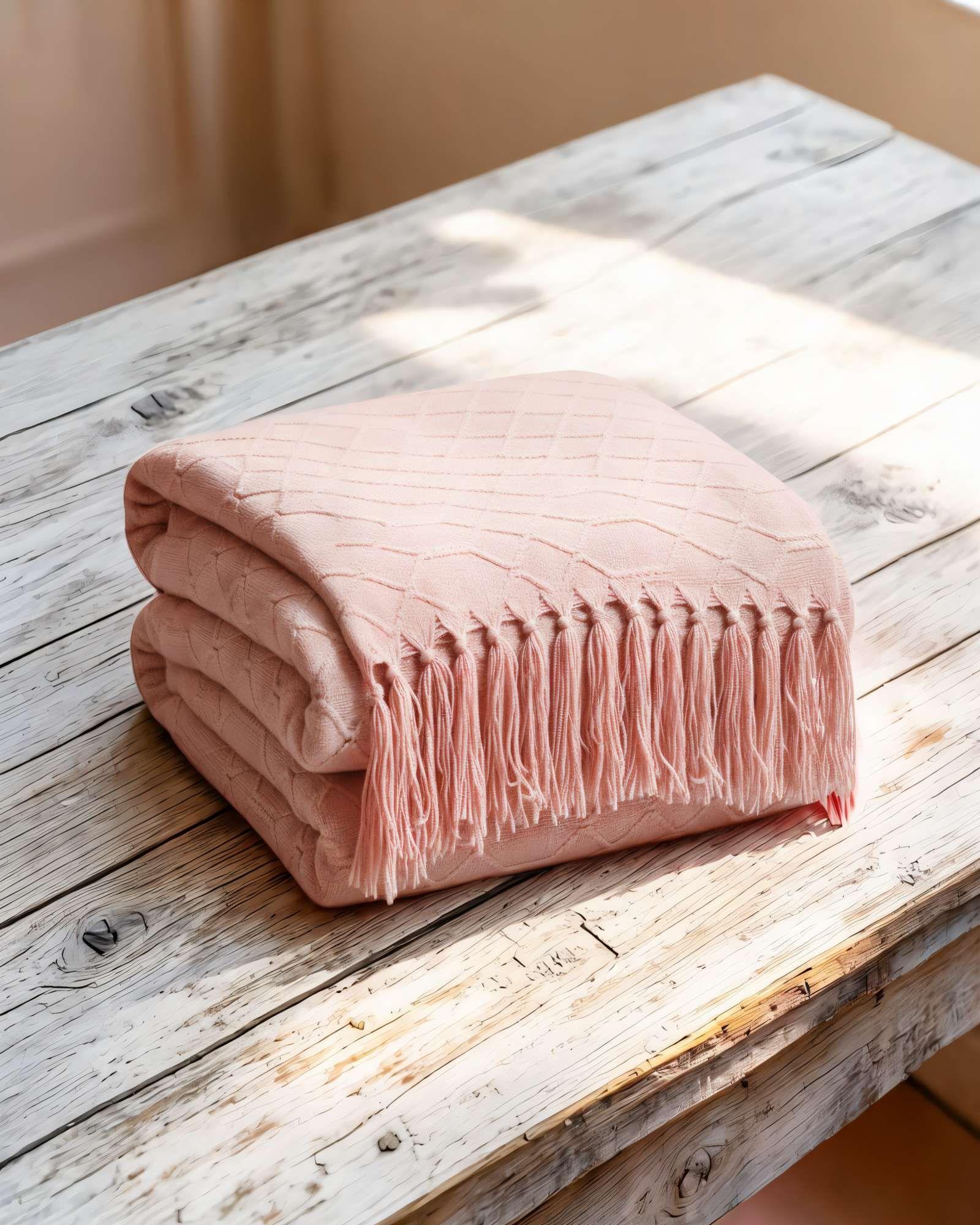 MANTA CON FLECOS DECORATIVA Y TEJIDO DE ROMBOS EN RELIEVE COLOR ROSADO-2