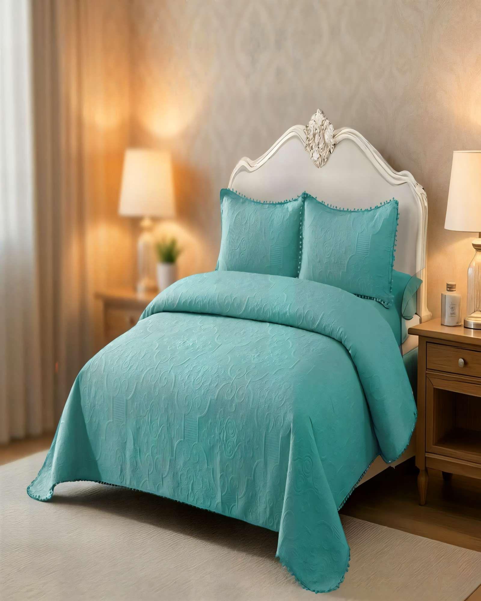 QUILT CUBRECAMA DE VERANO 2 PLAZAS CON POMPON COLOR TURQUESA-3