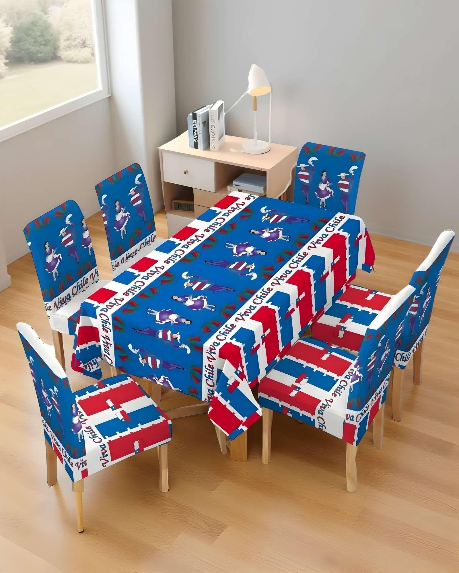 MANTEL FIESTAS PATRIAS DE TELA CON FUNDAS DE SILLAS ELASTICADAS M3-2