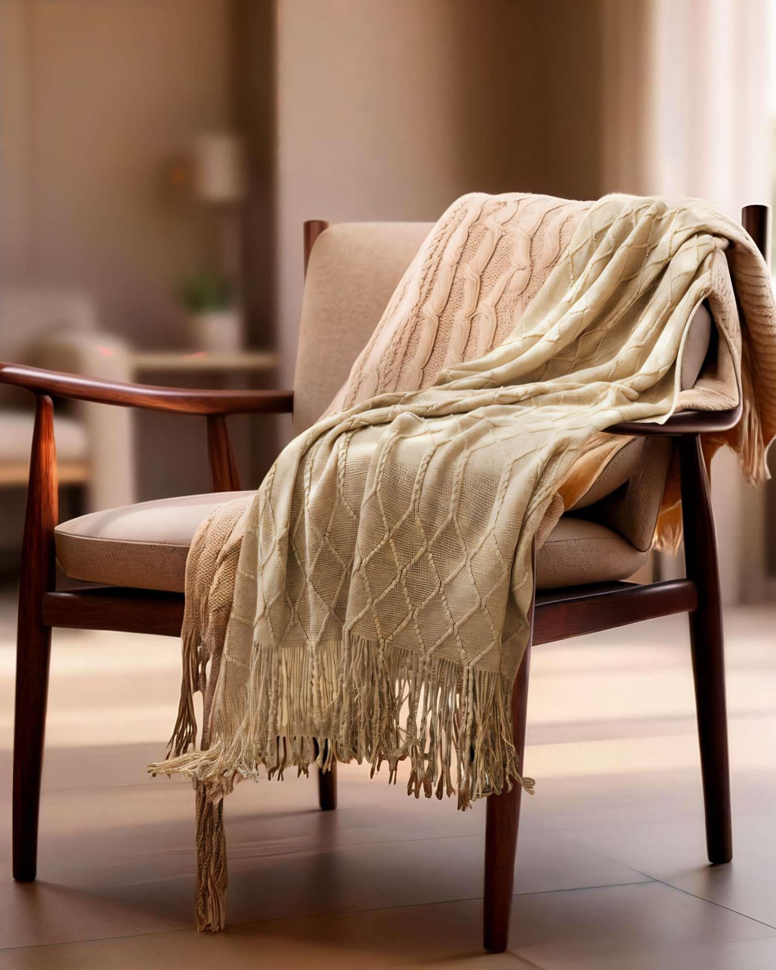 MANTA CON FLECOS DECORATIVA Y TEJIDO DE ROMBOS EN RELIEVE COLOR BEIGE -2