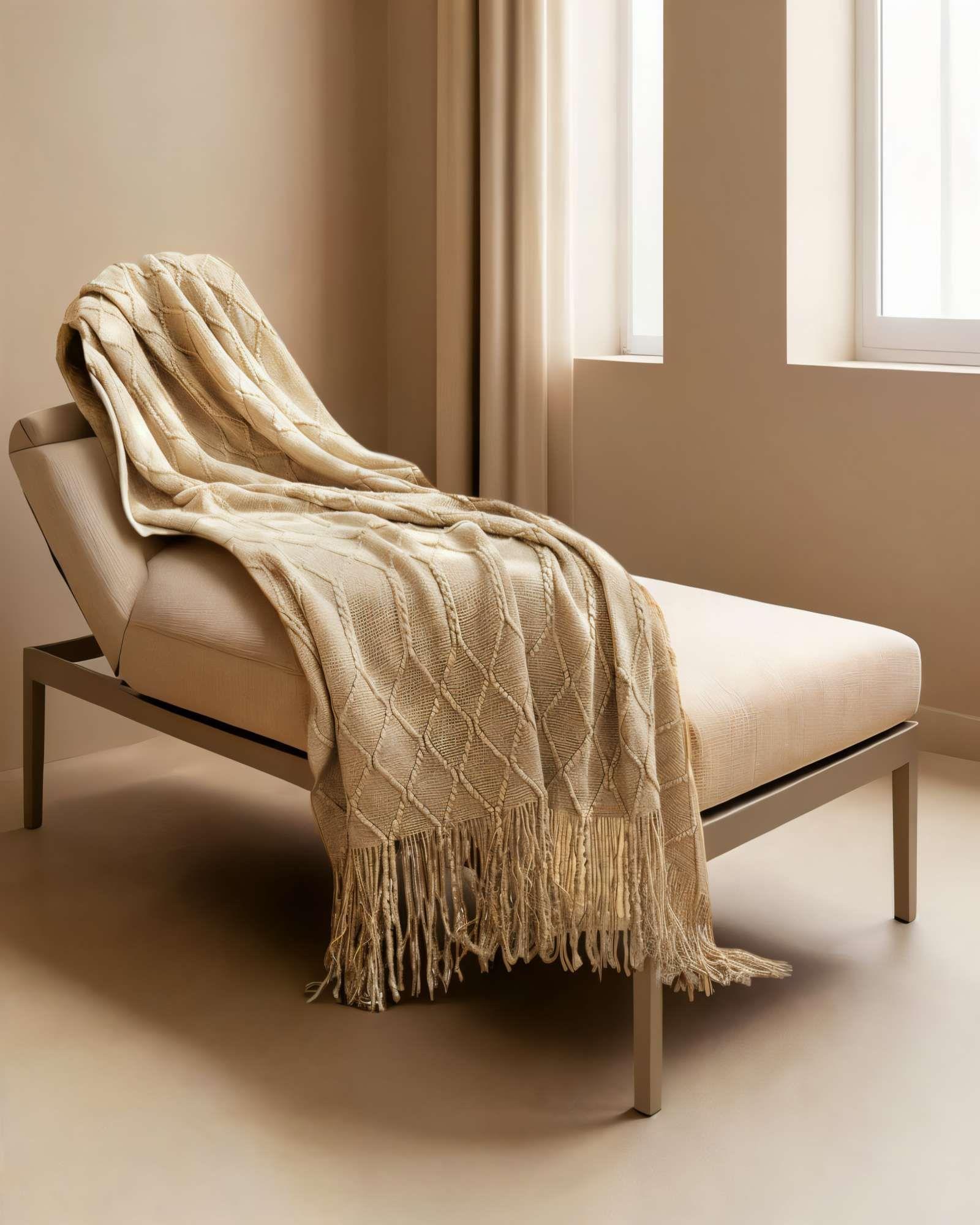 MANTA CON FLECOS DECORATIVA Y TEJIDO DE ROMBOS EN RELIEVE COLOR BEIGE -3