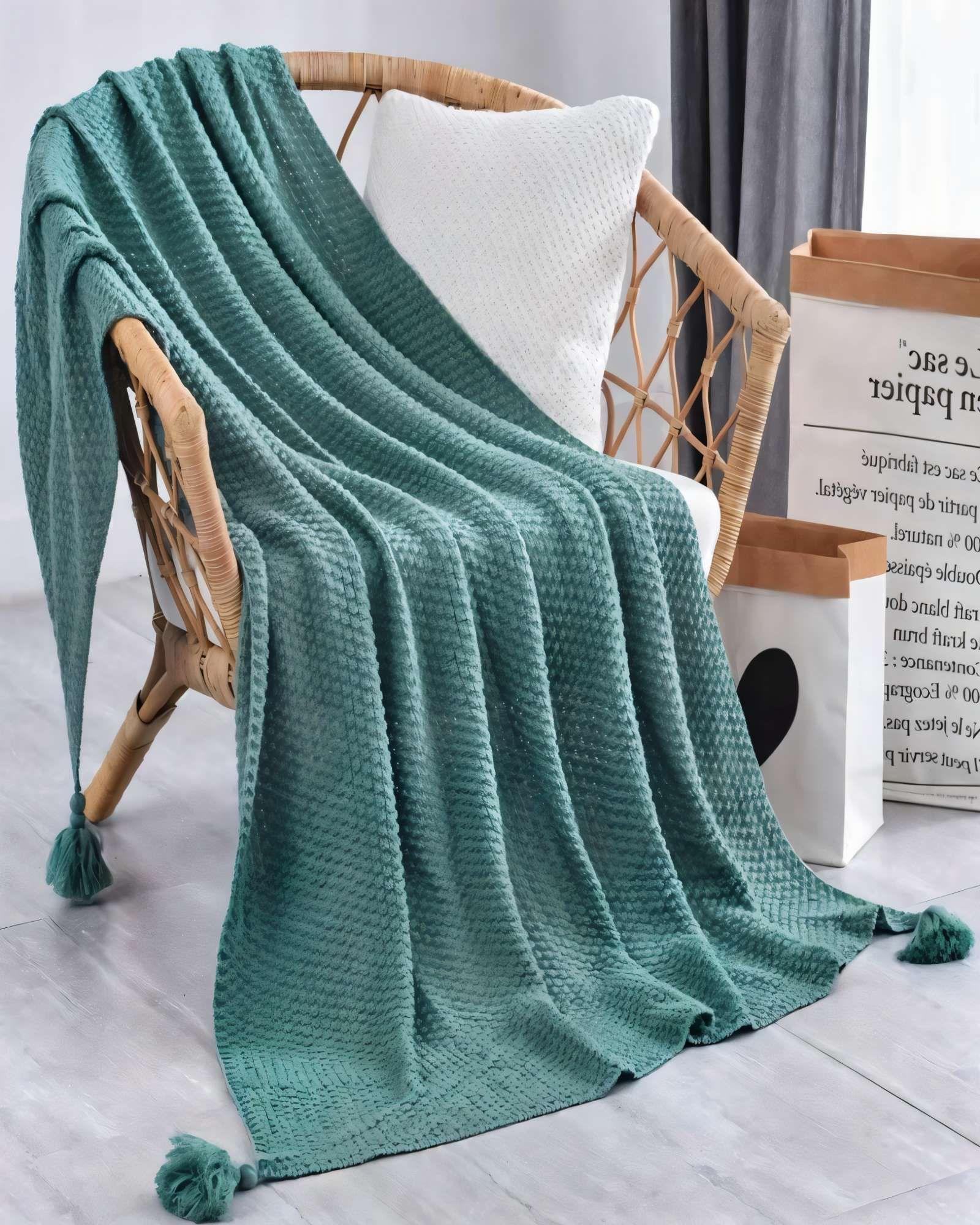 MANTA DE SOFÁ CON FLECOS DE SOGA 130CMX180CM  COLOR AZUL-2