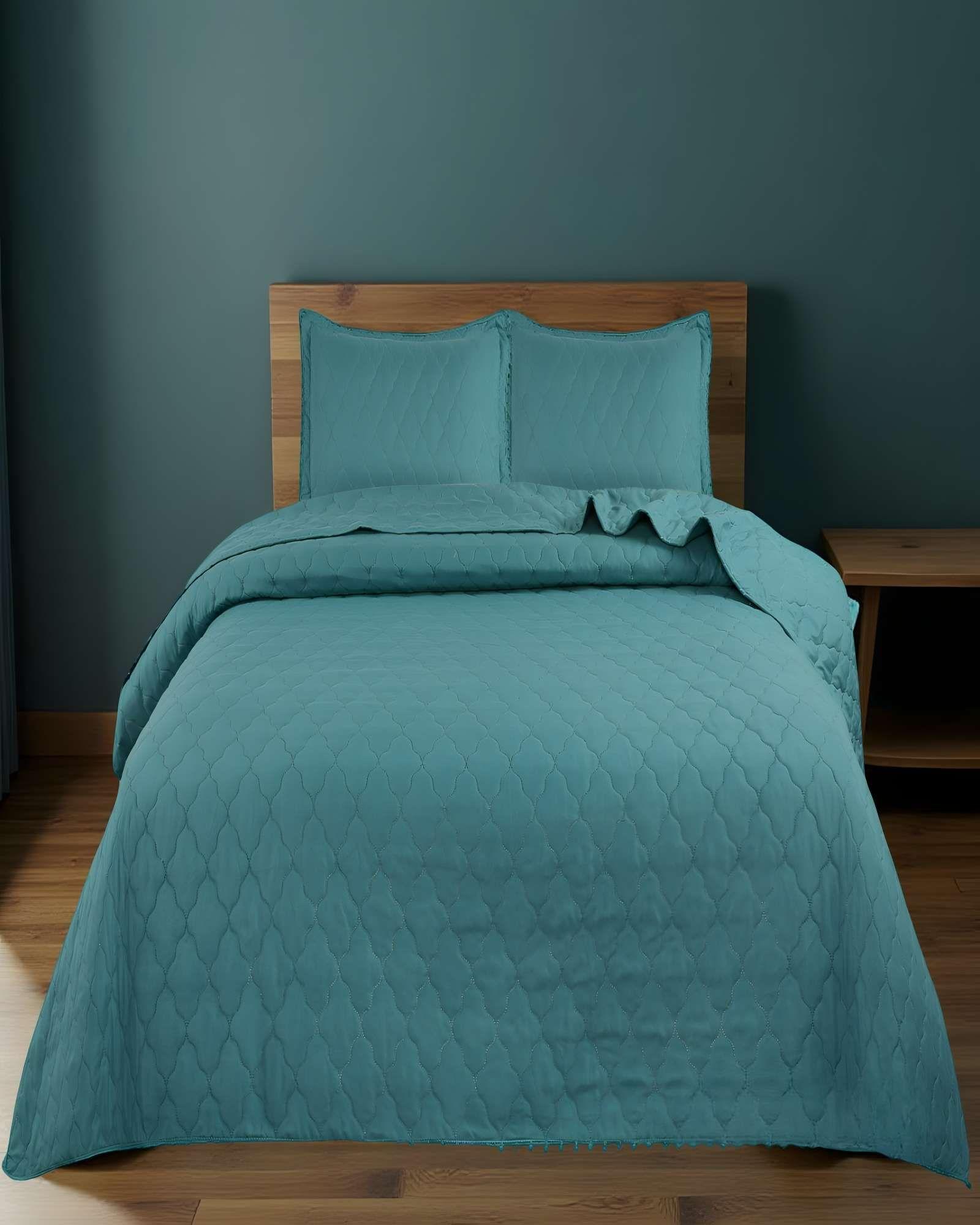 QUILT CUBRECAMA DE VERANO CON POMPONES PLAZA Y MEDIA TURQUESA-3