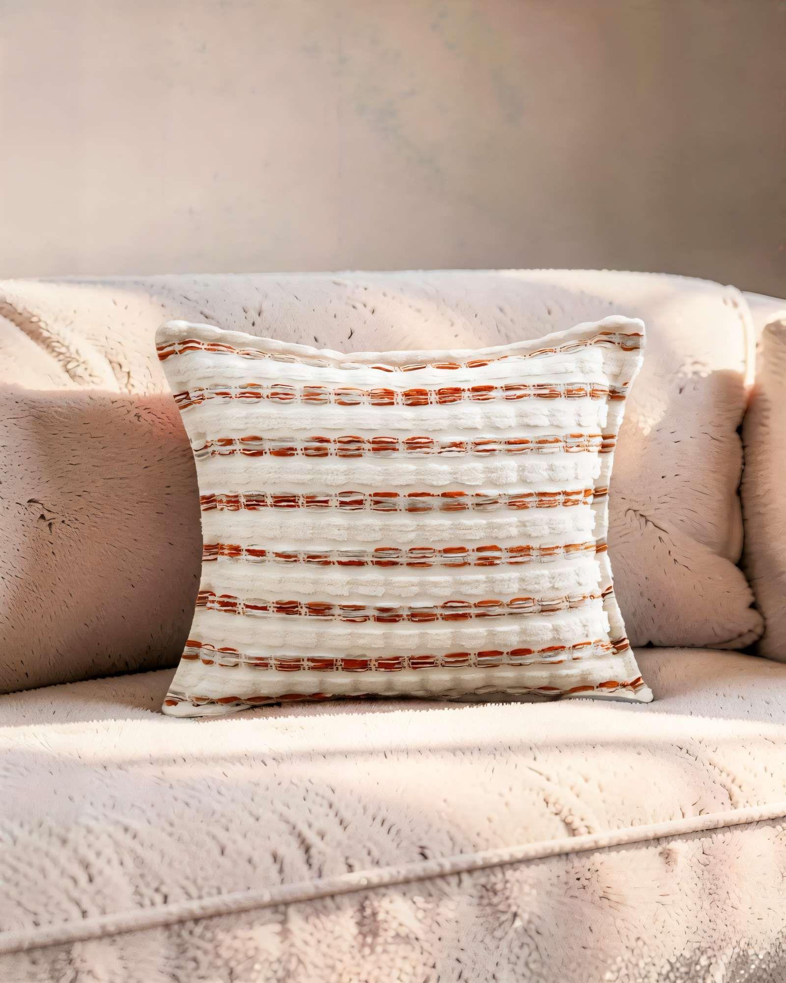 SET DE 2 FUNDAS DE COJIN 45CMX45CM  A RAYAS BEIGE CON BURDEO-3