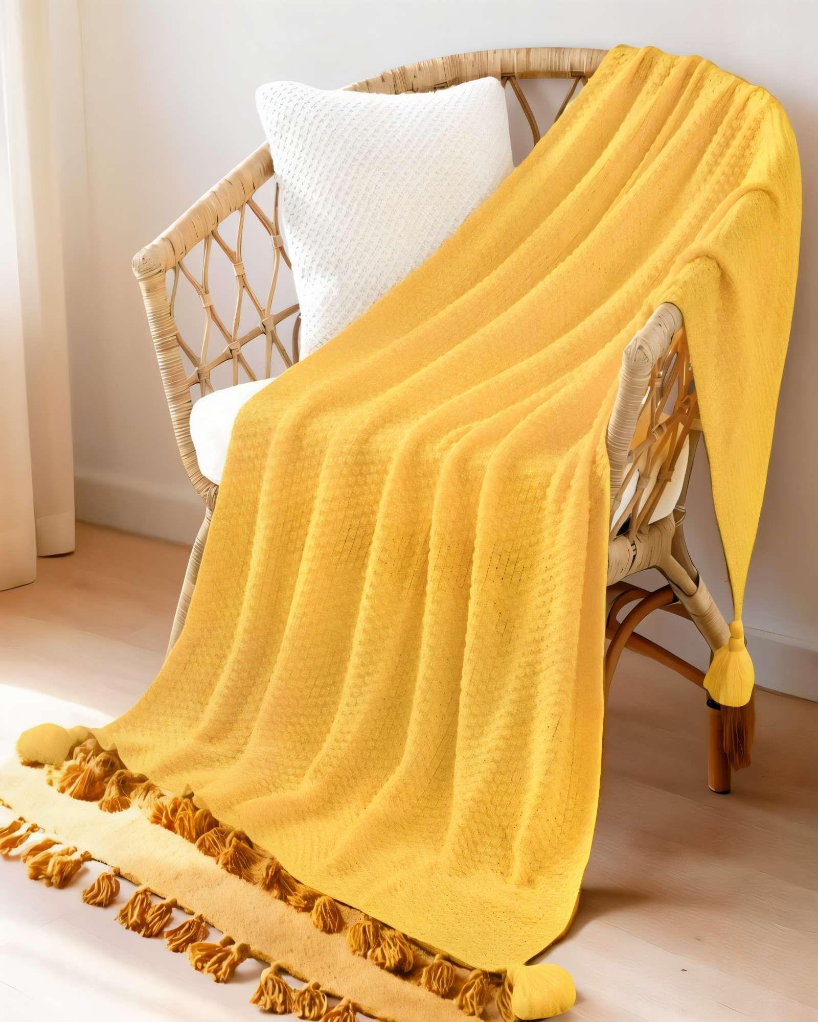 MANTA DE SOFÁ CON FLECOS DE SOGA 130CMX180CM  COLOR AMARILLO-2
