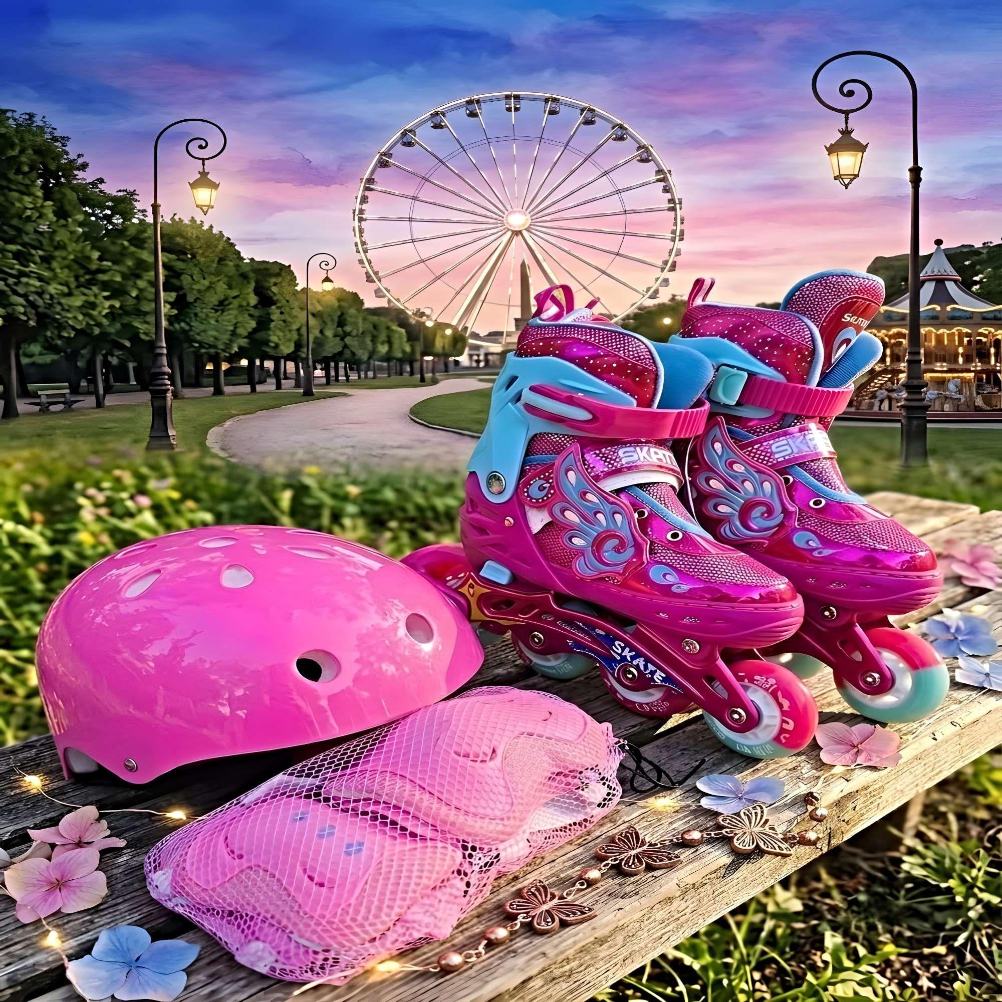SET DE PATINES AJUSTABLES CON KIT DE SEGURIDAD  TALLA S (31-34) FUCSIA-0
