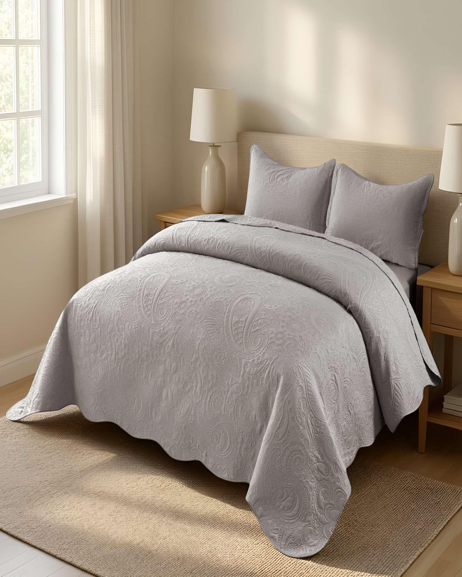 QUILT CUBRECAMA DE VERANO KING CON RELIEVE COLOR GRIS-2