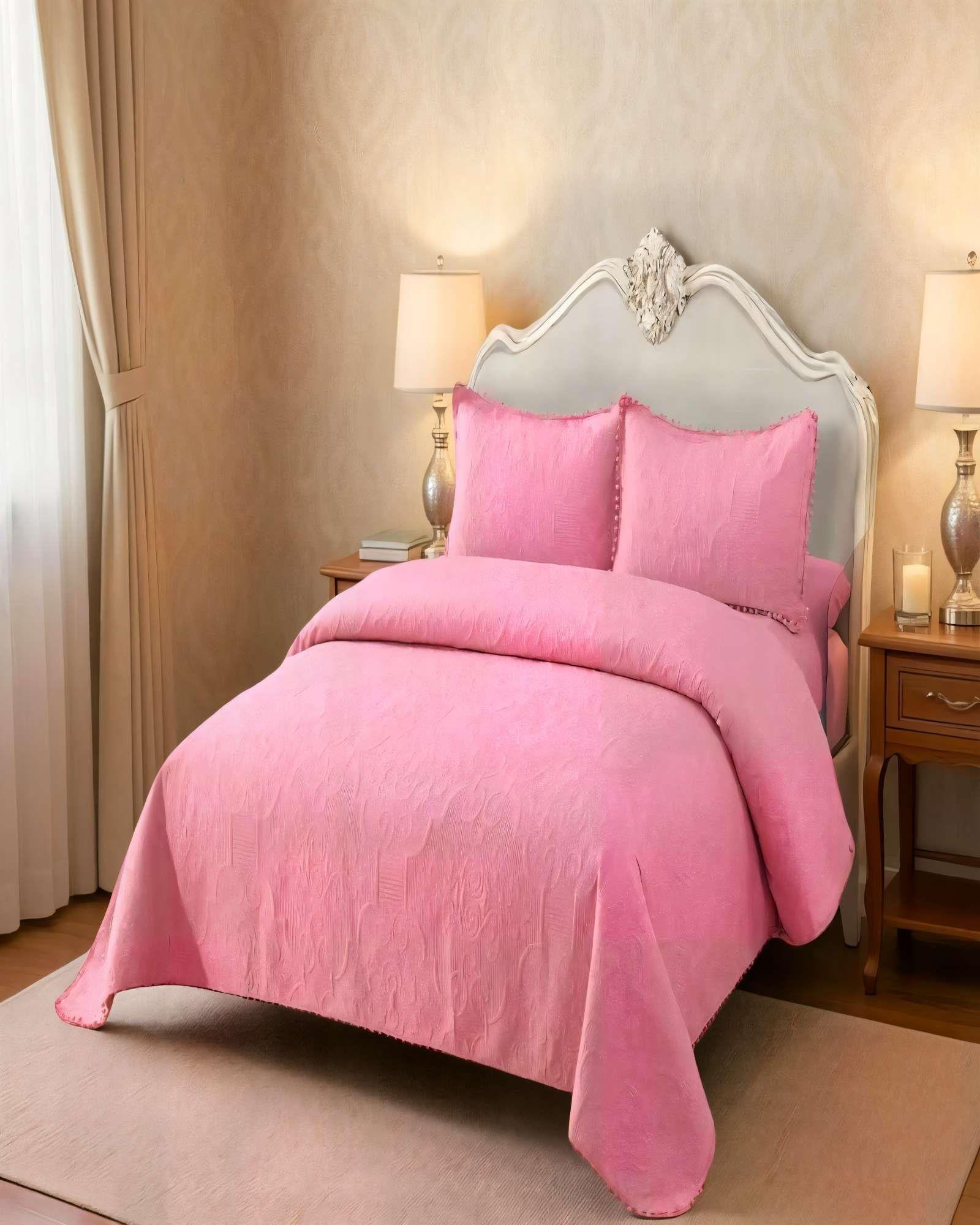 QUILT CUBRECAMA DE VERANO 2 PLAZAS CON POMPON COLOR ROSADO-2