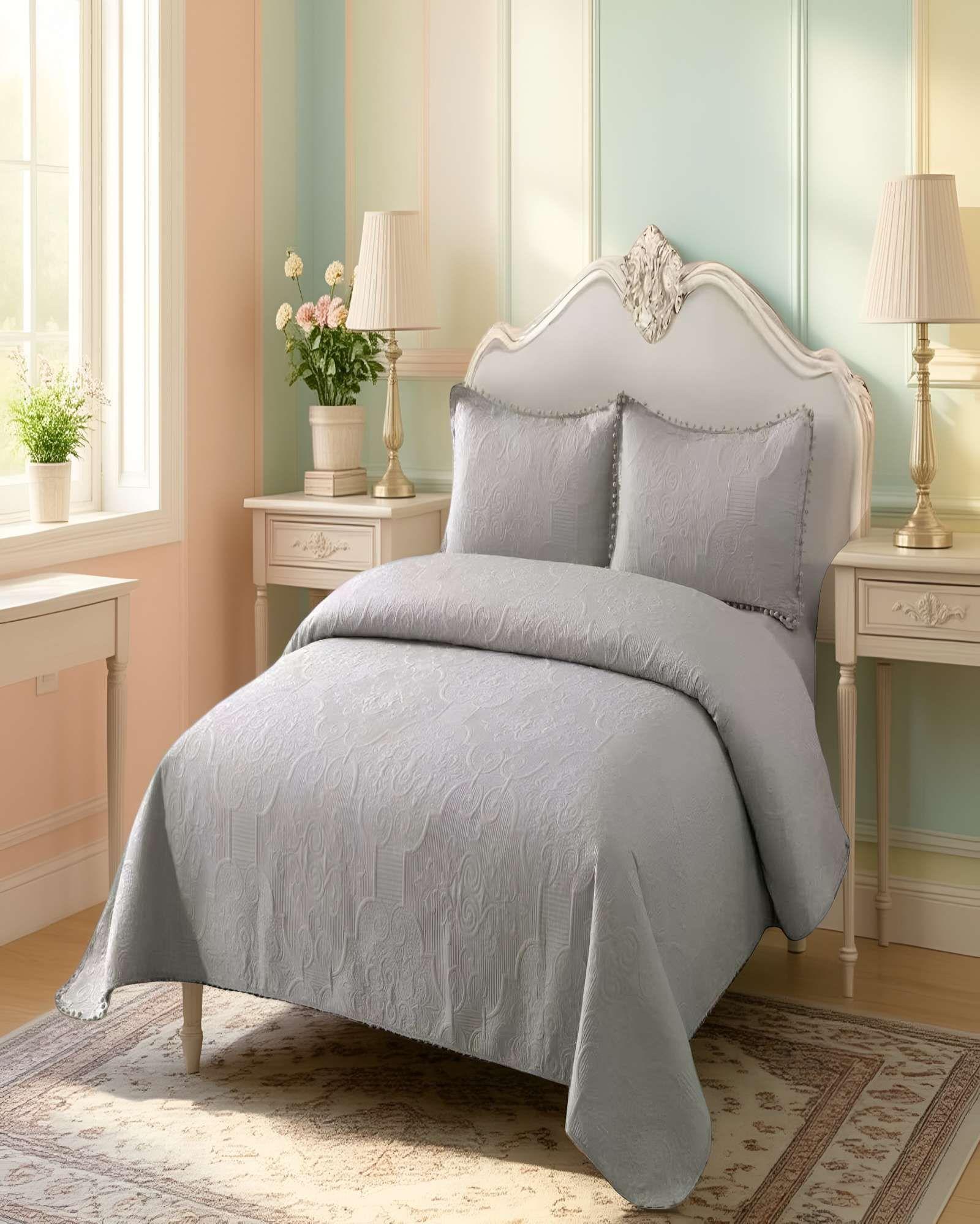QUILT CUBRECAMA DE VERANO KING CON POMPON COLOR GRIS-2