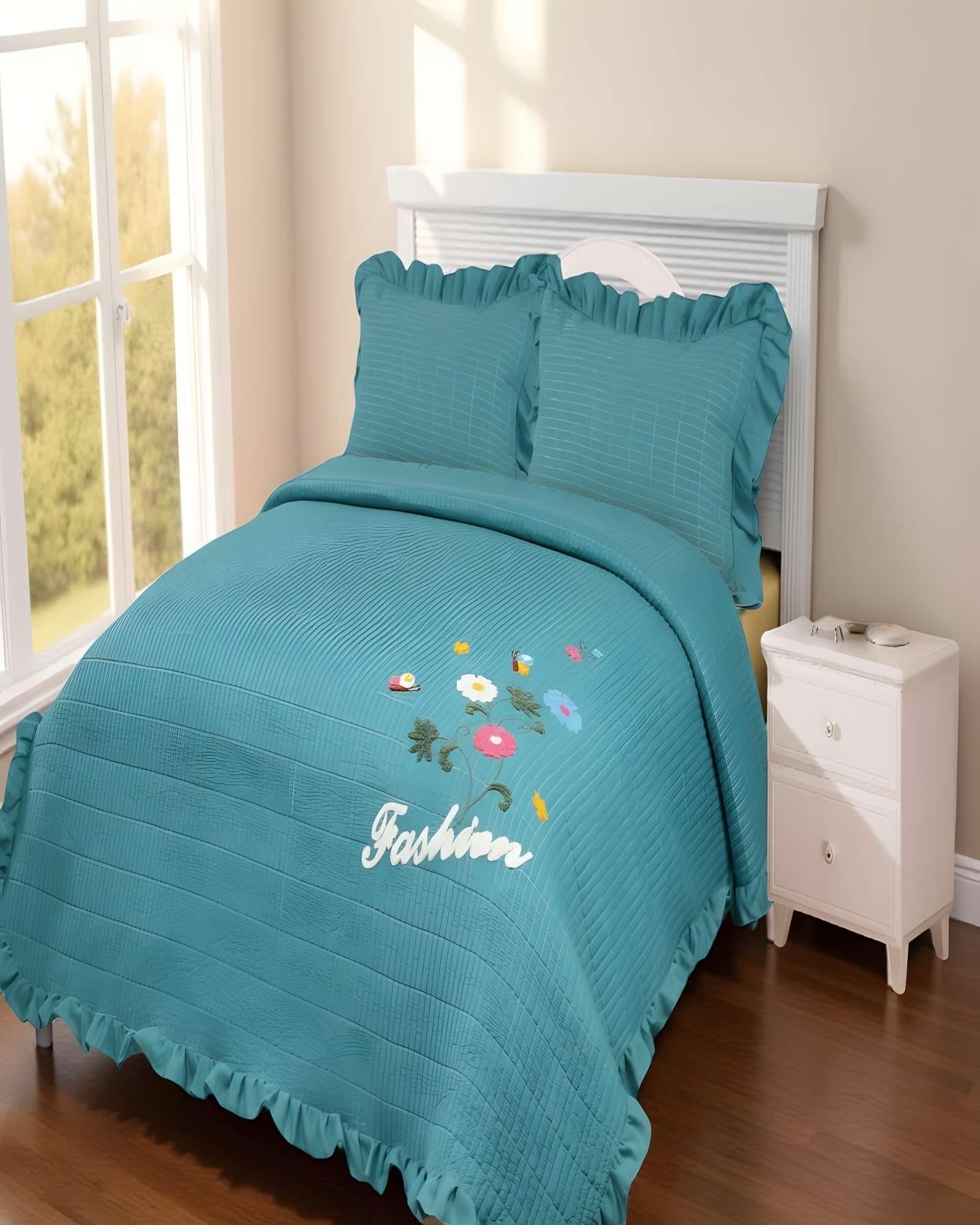 QUILT CUBRECAMA DE VERANO CON FLORES BORDADAS 2 PLAZAS TURQUESA-2