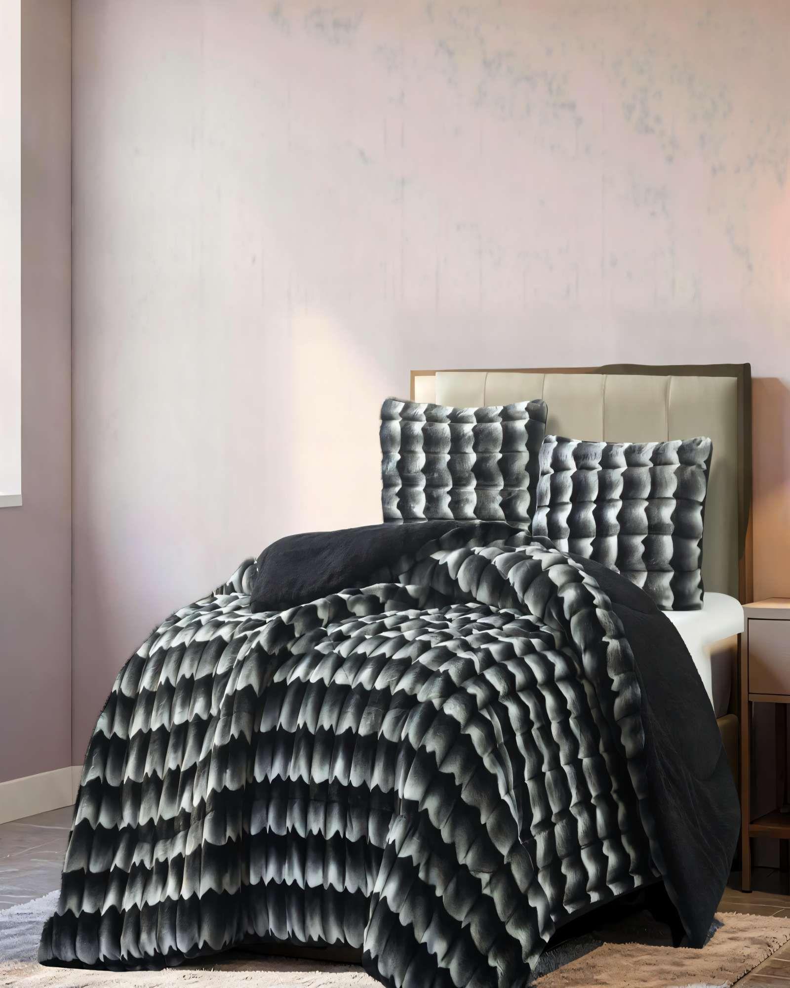 COBERTOR PIEL DE CONEJO IMITACION CON DISEÑO 2PLAZA COLOR NEGRO-2