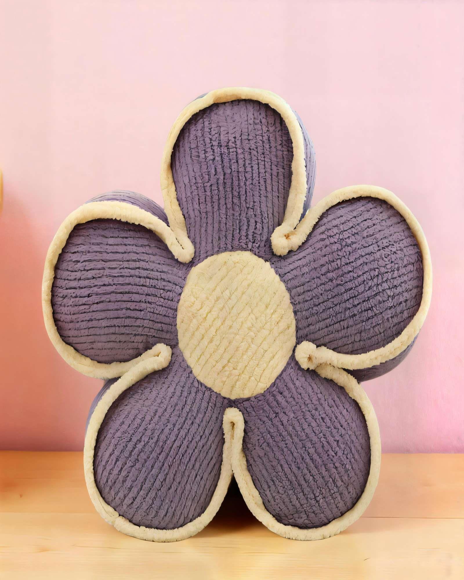 COJIN FORMA DE FLOR DECORATIVO COLOR MORADO CON BORDE BEIGE-2