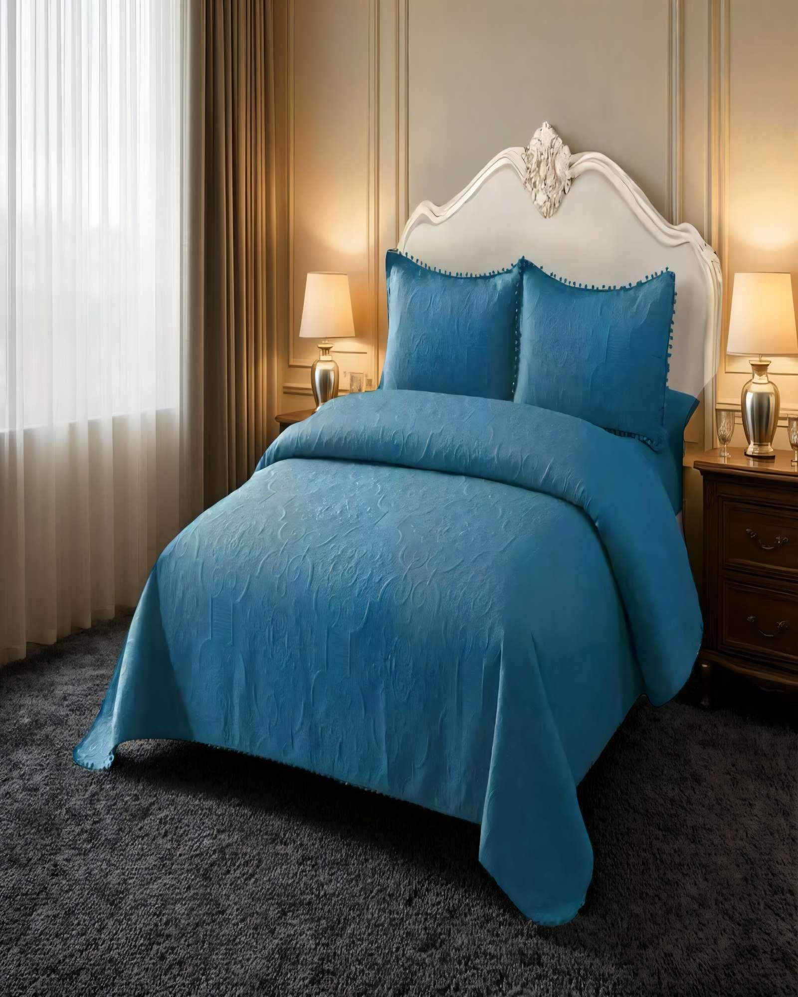 QUILT CUBRECAMA DE VERANO 2 PLAZAS CON POMPON COLOR AZUL -2