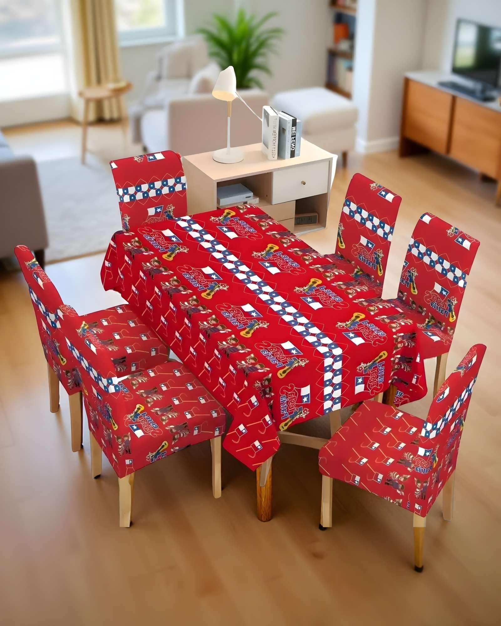 MANTEL FIESTAS PATRIAS DE TELA CON FUNDAS DE SILLAS ELASTICADAS M1 -2