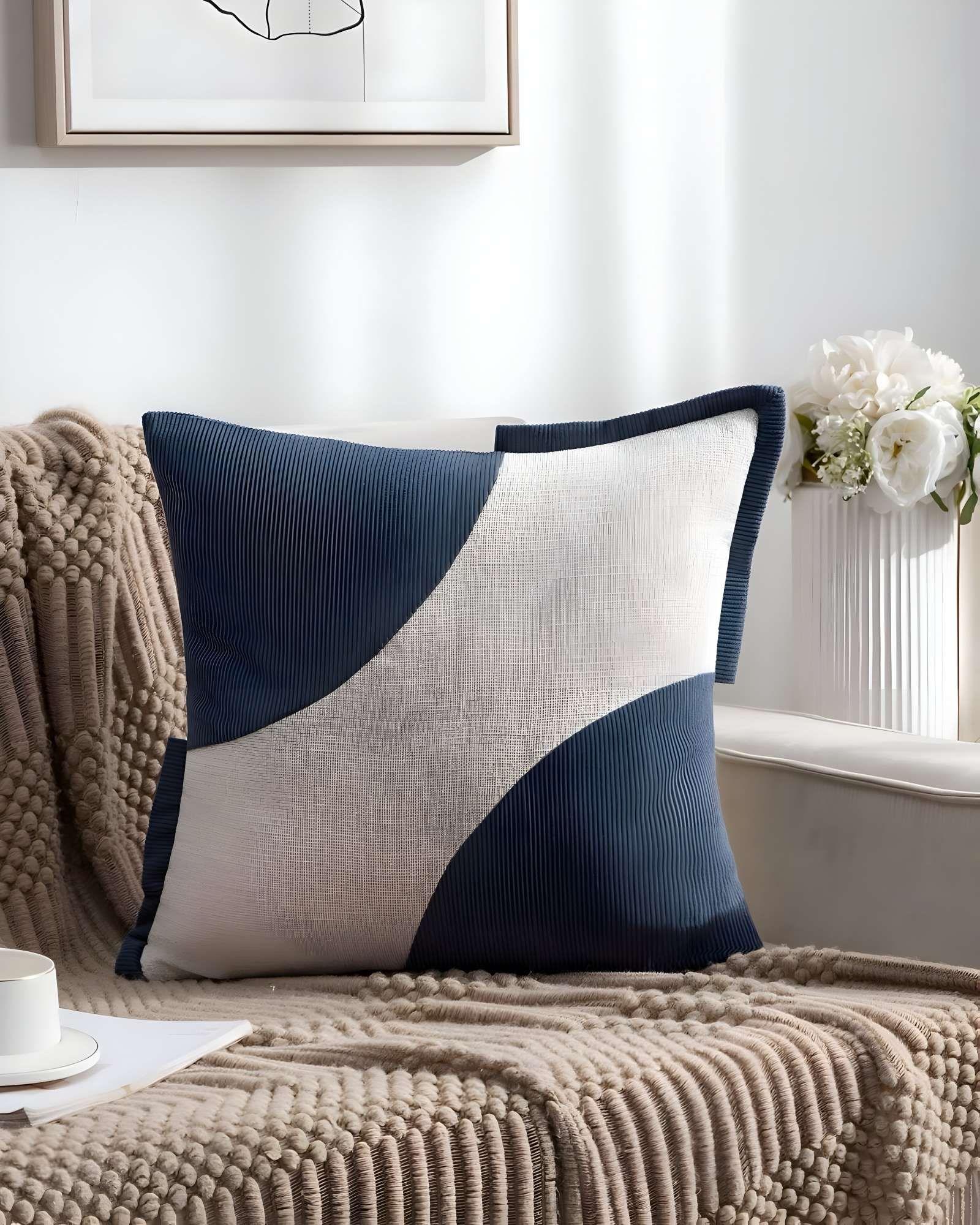 SET DE 4 FUNDAS DE COJINES DISEÑO TELA PANA EMPALMADO 45CM X 45 CM AZUL-3