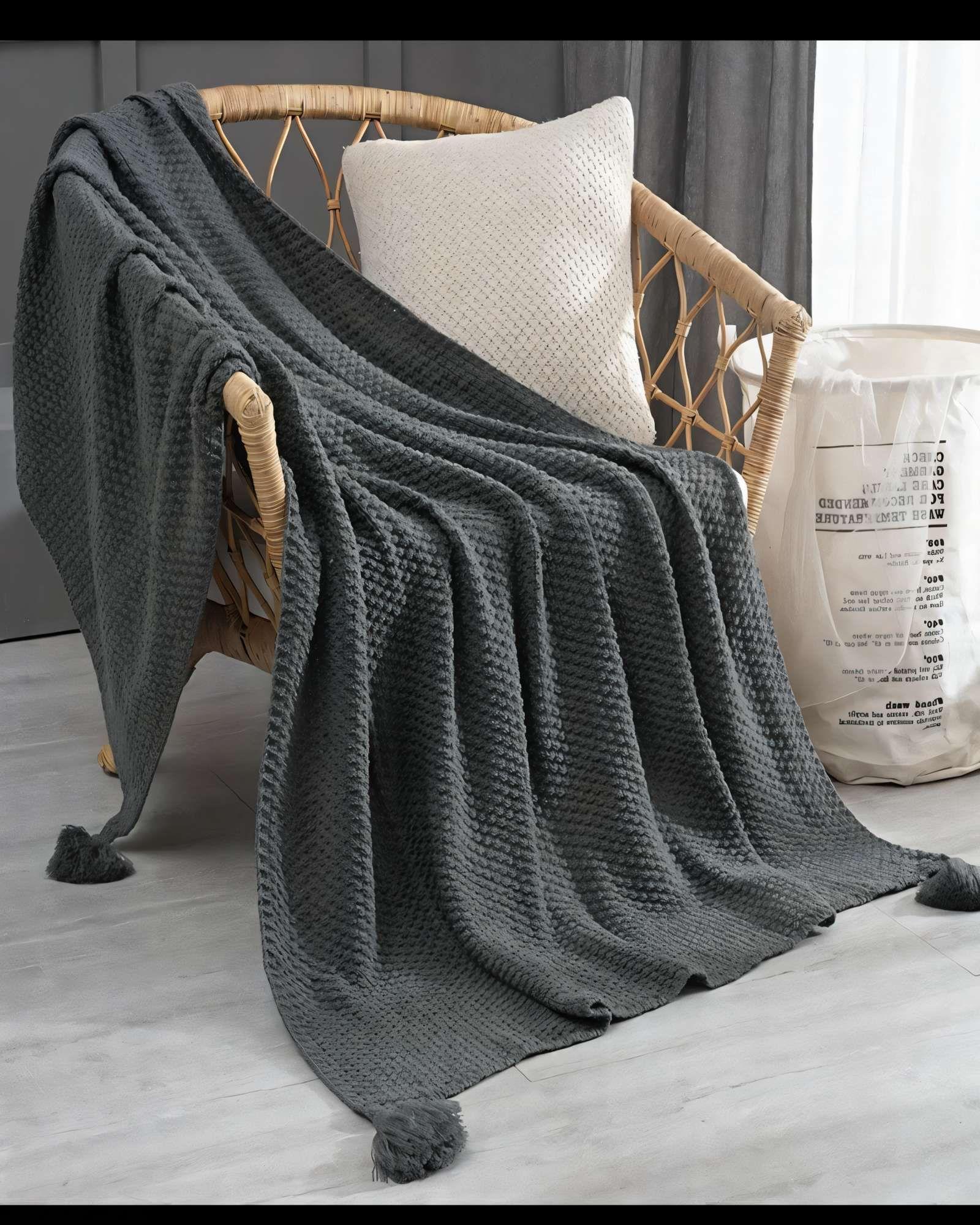 MANTA DE SOFÁ CON FLECOS DE SOGA 130CMX180CM  COLOR GRIS -2