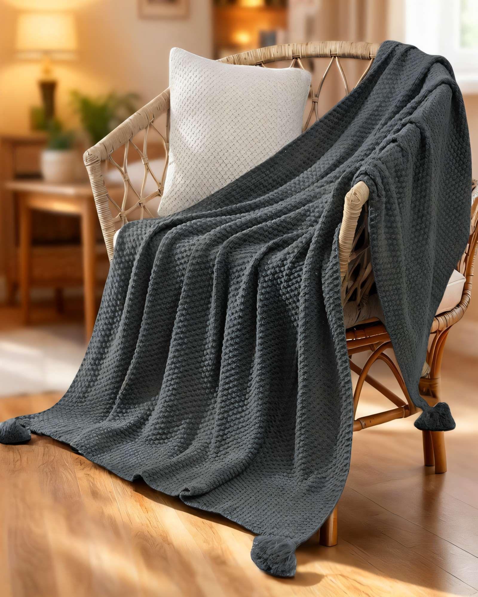 MANTA DE SOFÁ CON FLECOS DE SOGA 130CMX180CM  COLOR GRIS -3