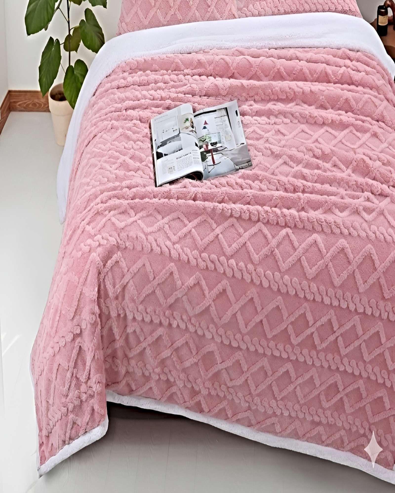FRAZADA CON SHERPA TEXTURIZADA TEXTURIZADA 2 PLAZAS ROSA-2