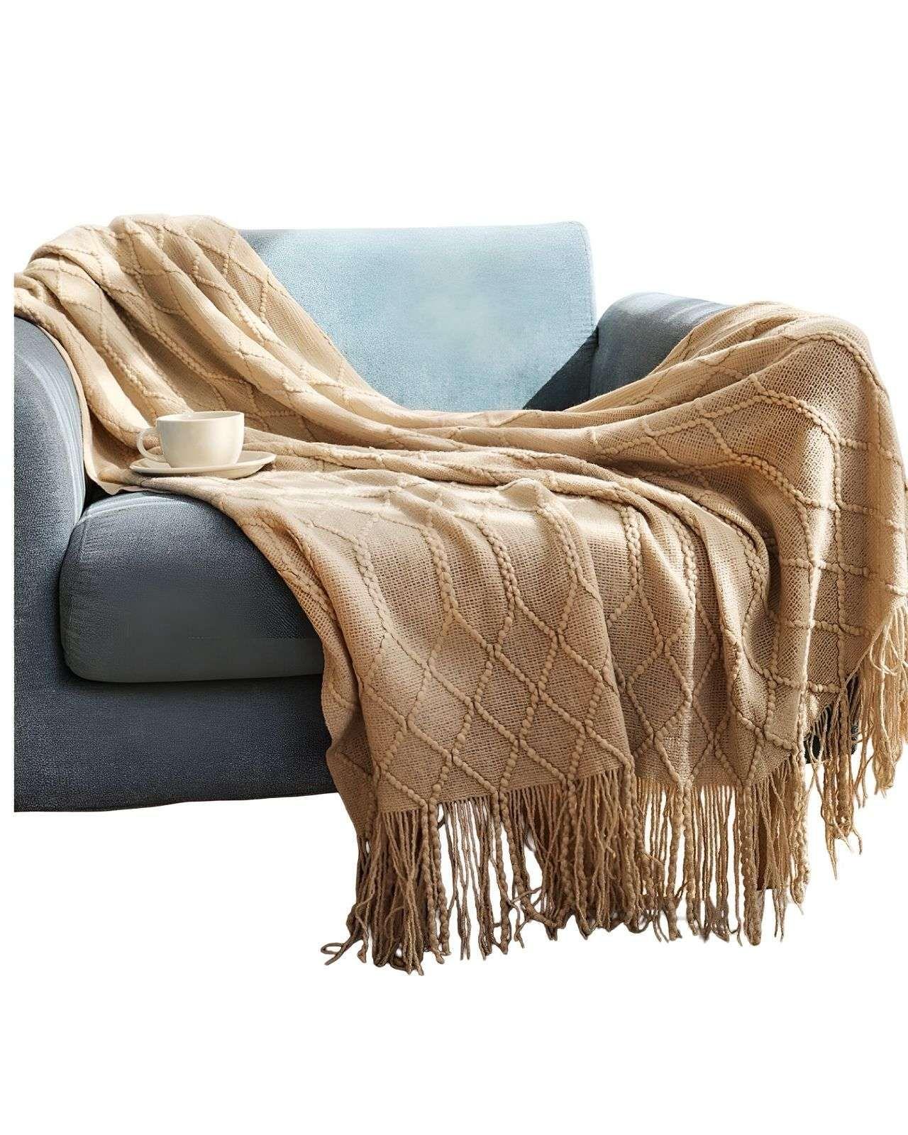 Manta con Flecos 127x152 cm Beige-0
