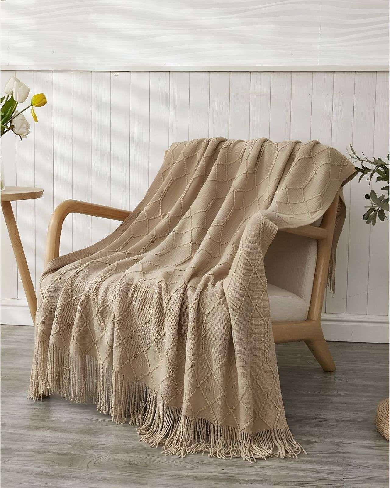 Manta con Flecos 127x152 cm Beige-2