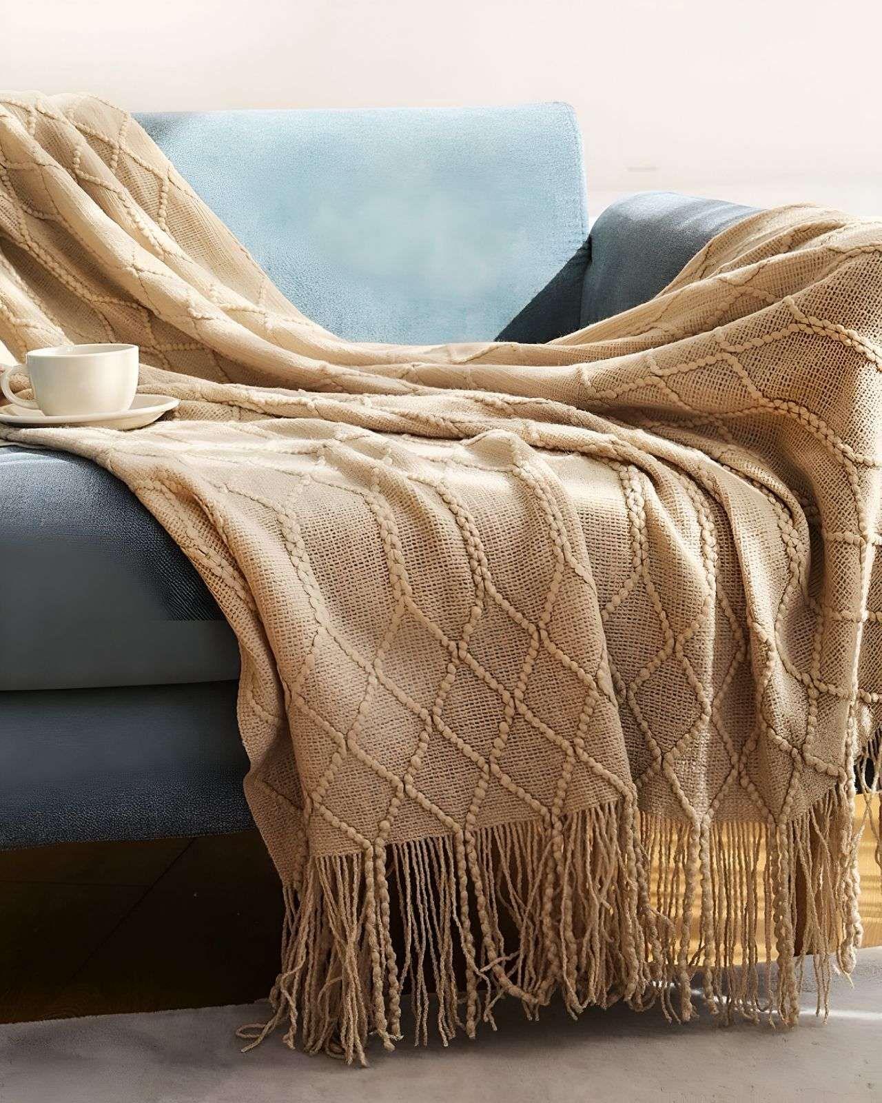 Manta con Flecos 127x152 cm Beige-3