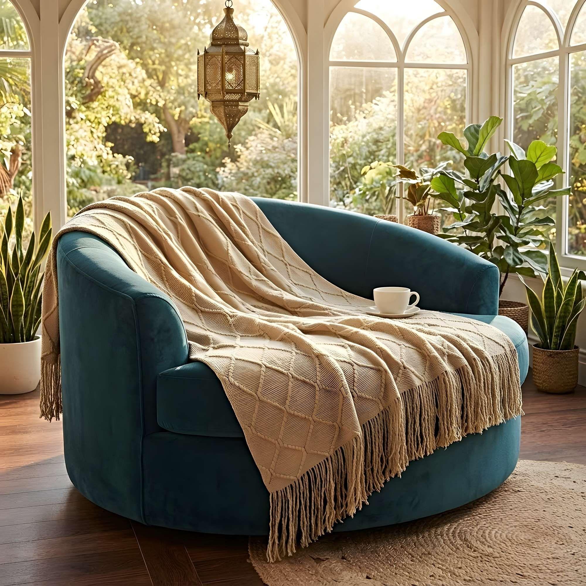 Manta con Flecos 127x152 cm Beige-2