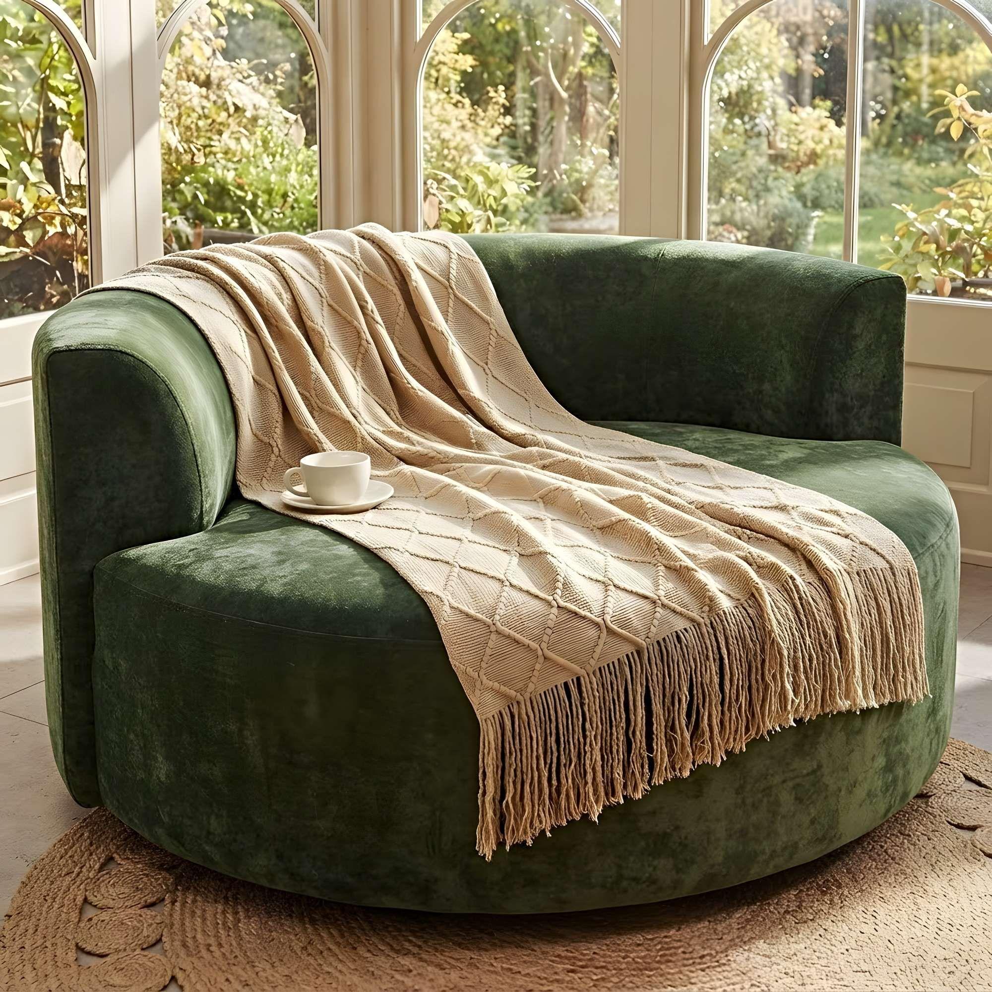 Manta con Flecos 127x152 cm Beige-3