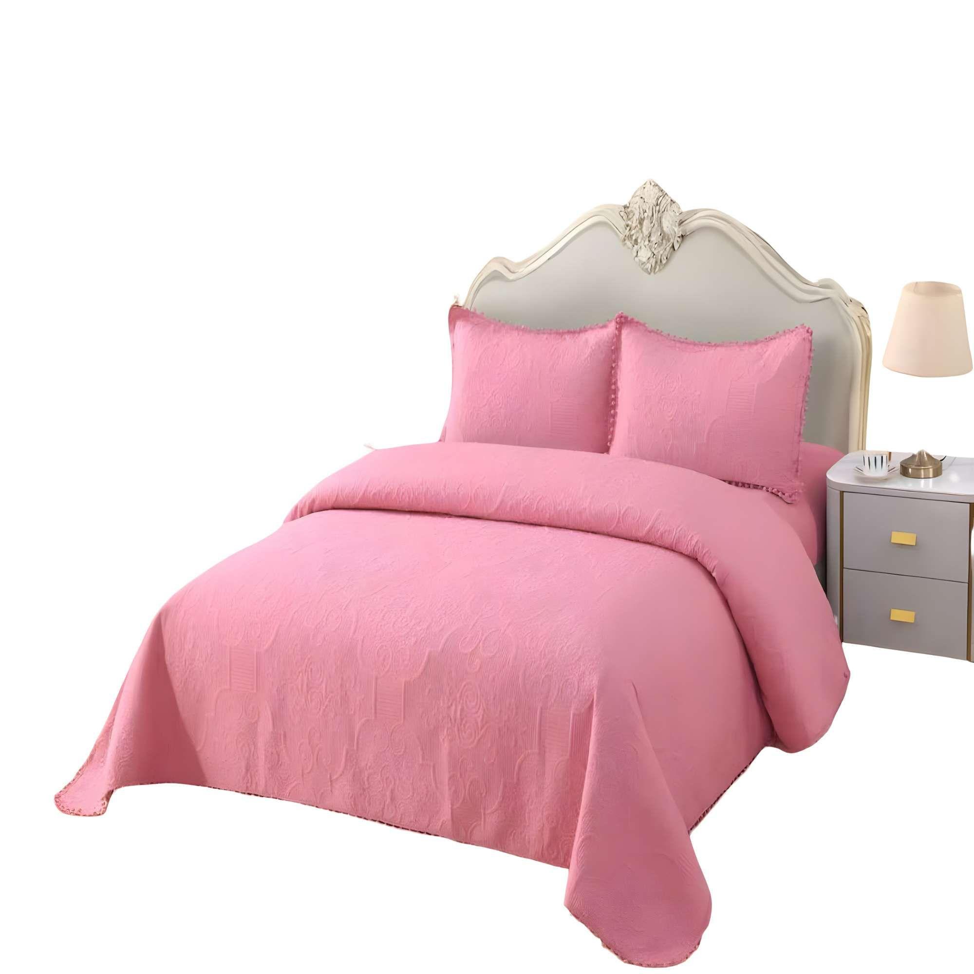 CUBRECAMA PREMIUM CON POMPONES 2 PLAZA COLOR ROSADO-3