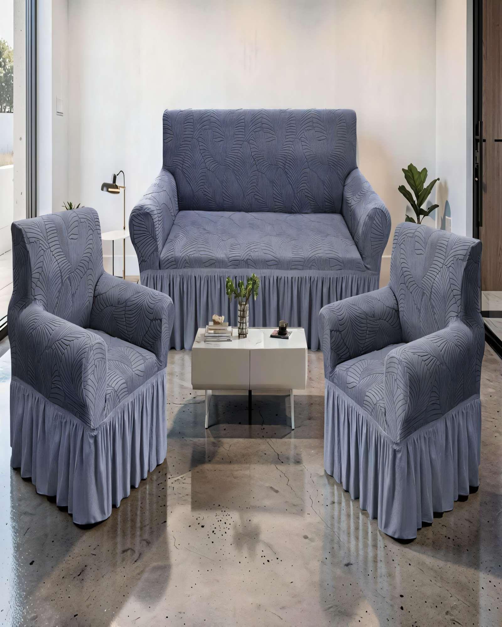 PACK DE FUNDAS DE SOFA 3+1+1 CON DISEÑO EN FORMA DE HOJA CON VELO 3-1-1 COLOR GRIS-2
