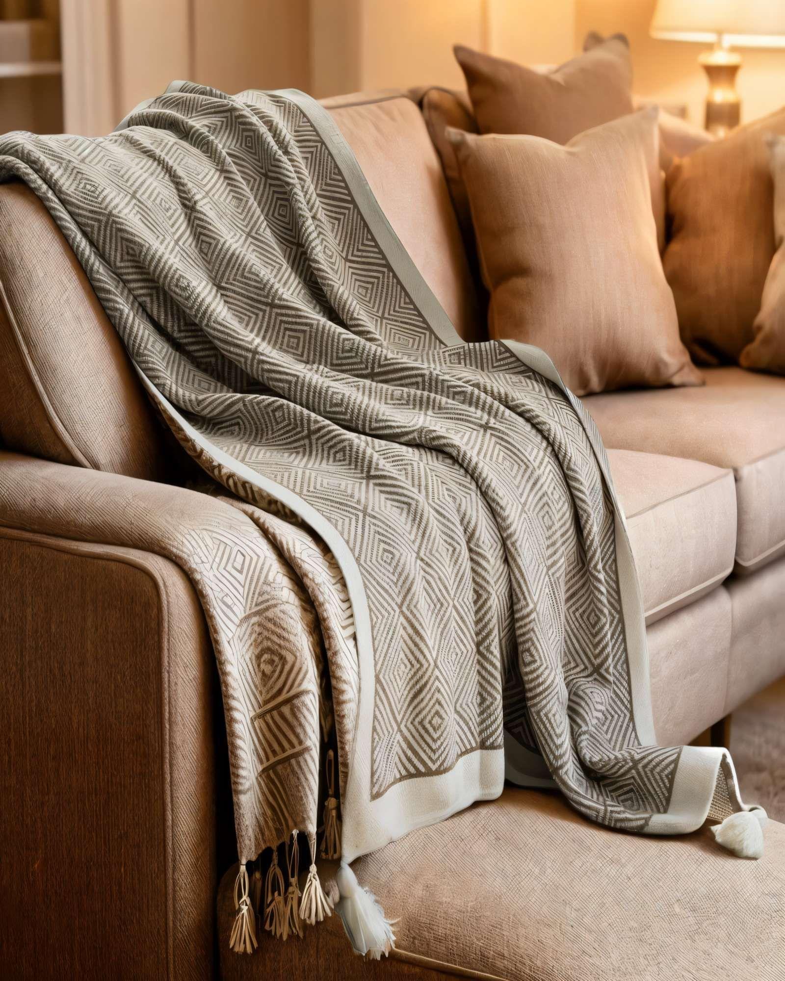 MANTA CON BORLAS DECORATIVA  Y ESTAMPADO GEOMETRICO DE ROMBO COLOR MARRÓN-3