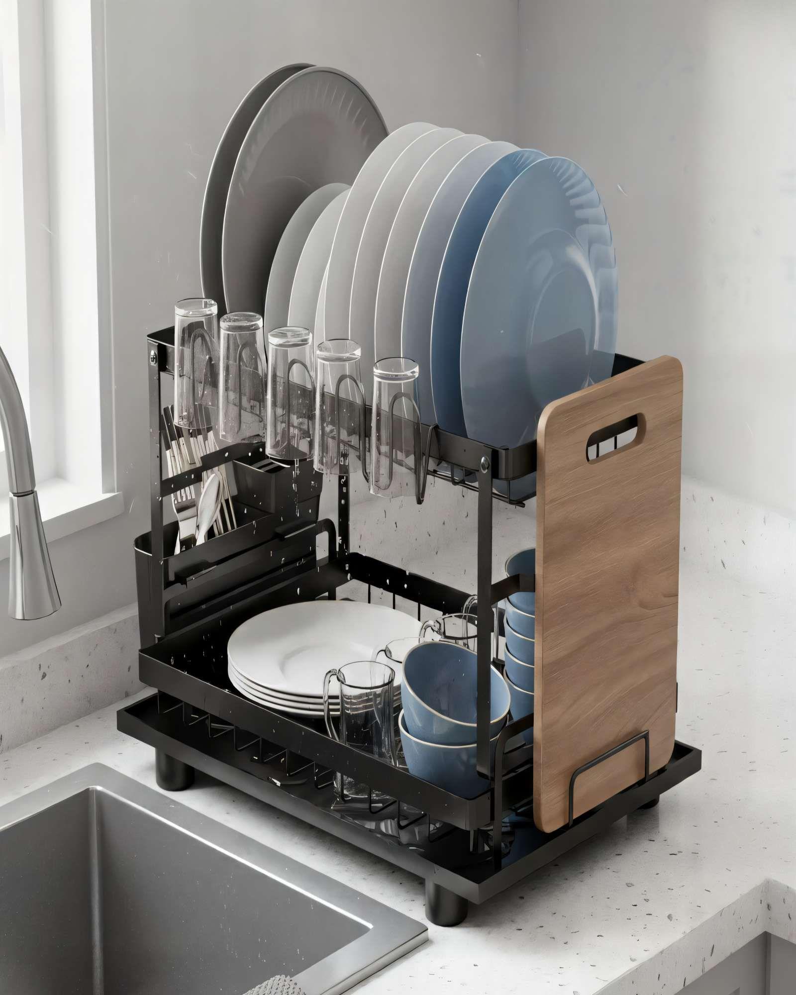 ESCURRIDOR 2 NIVELES CON SOPORTE PARA TABLAS Y CUBIERTOS DE ACERO INOXIDABLE COLOR NEGRO -3