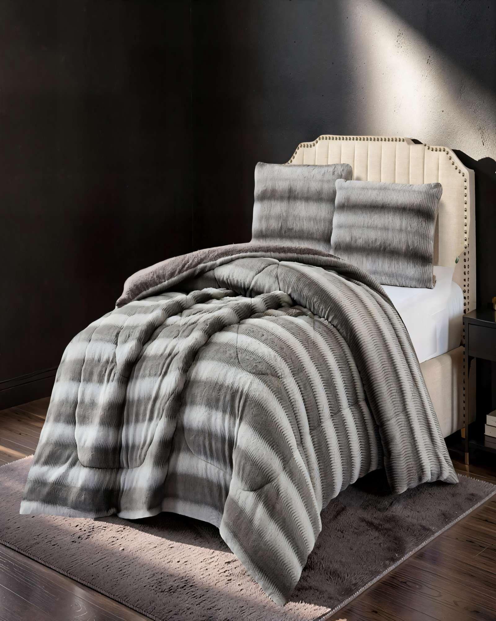 COBERTOR PIEL DE CONEJO IMITACION CON DISEÑO 2PLAZA COLOR GRIS-2