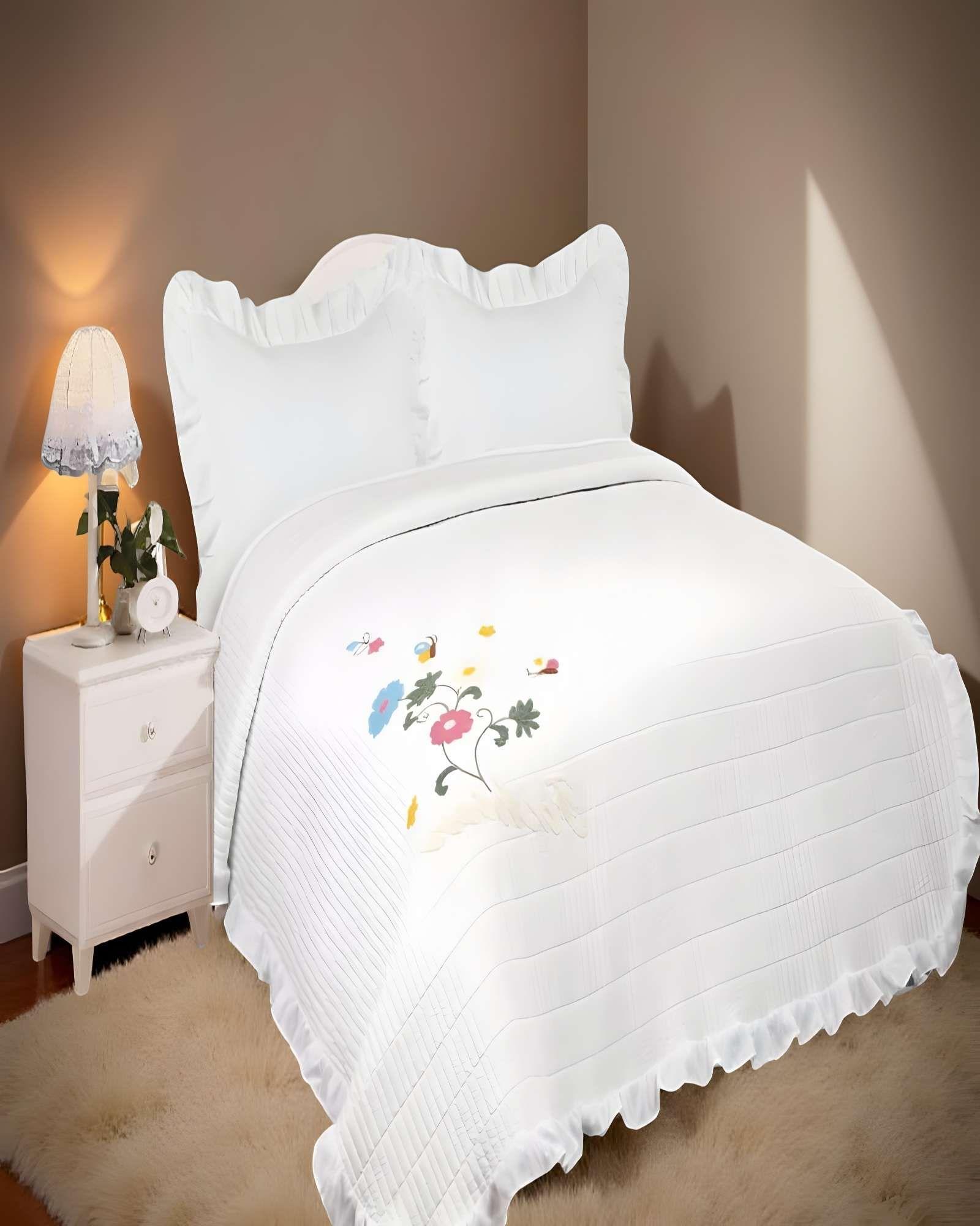 QUILT CUBRECAMA DE VERANO CON FLORES BORDADAS 2 PLAZAS BLANCO-3