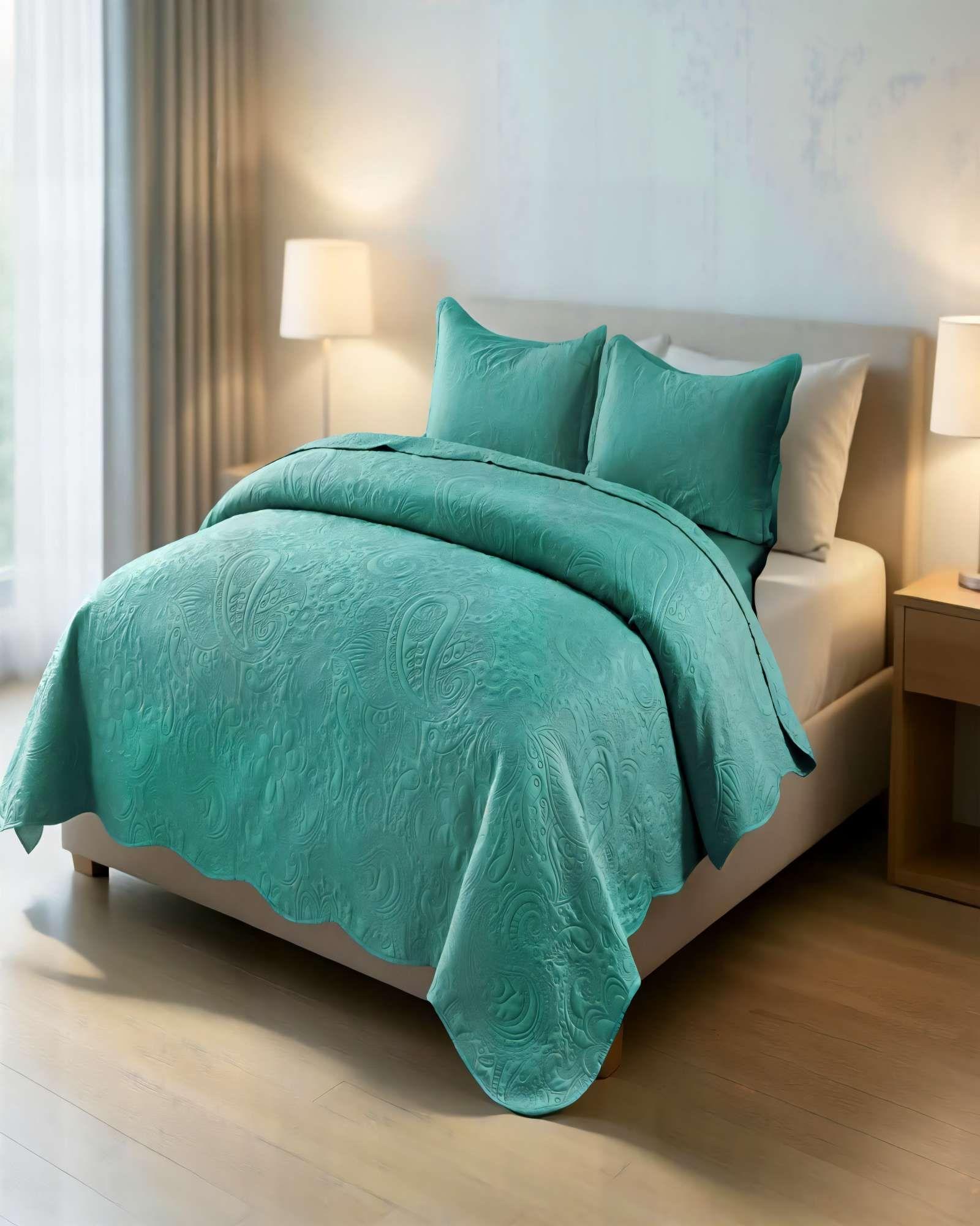 QUILT CUBRECAMA DE VERANO 1,5 PLAZAS CON RELIEVE COLOR VERDE-2