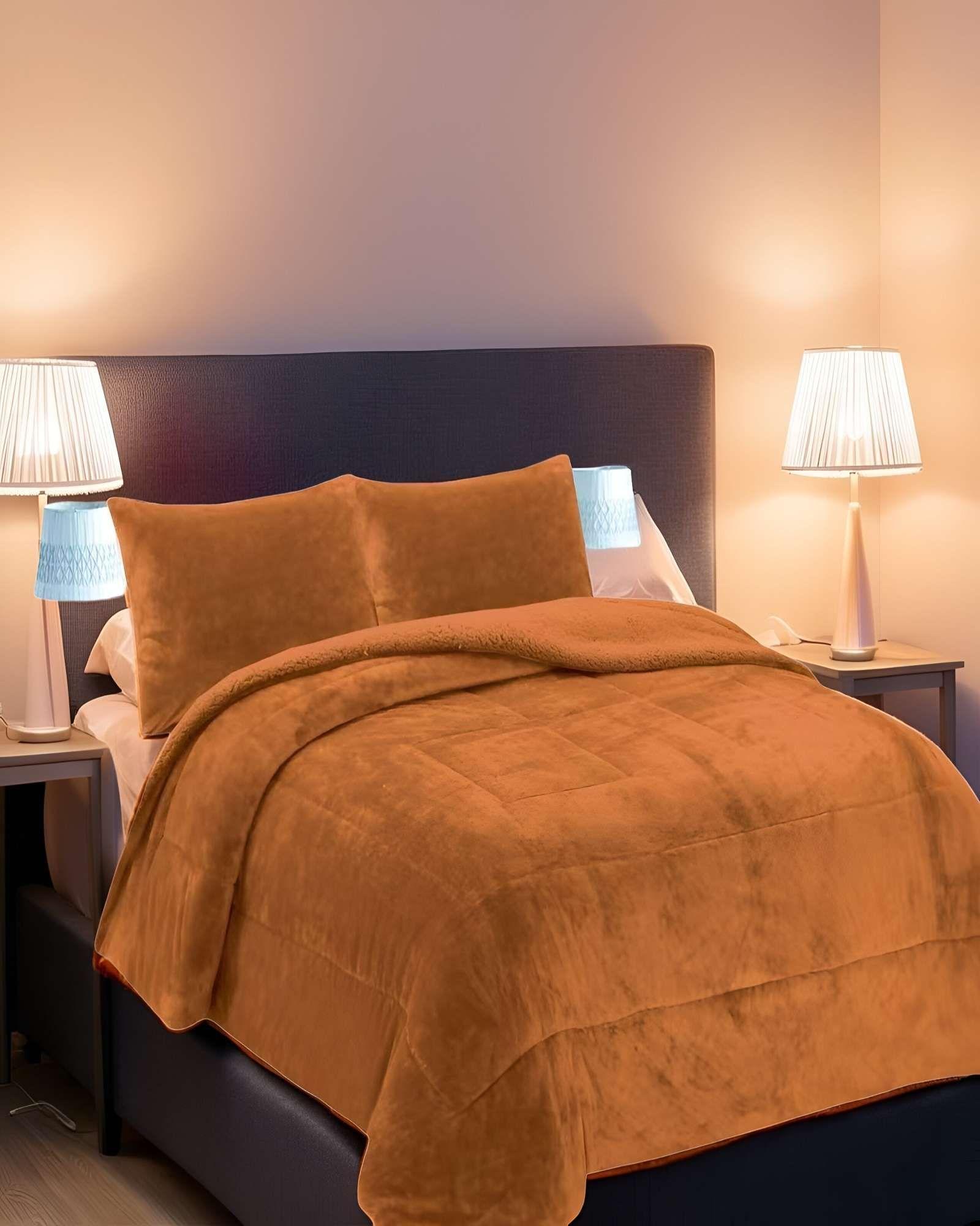 COBERTOR SHERPA PLAZA Y MEDIA 180X200CM MOSTAZA B12-2