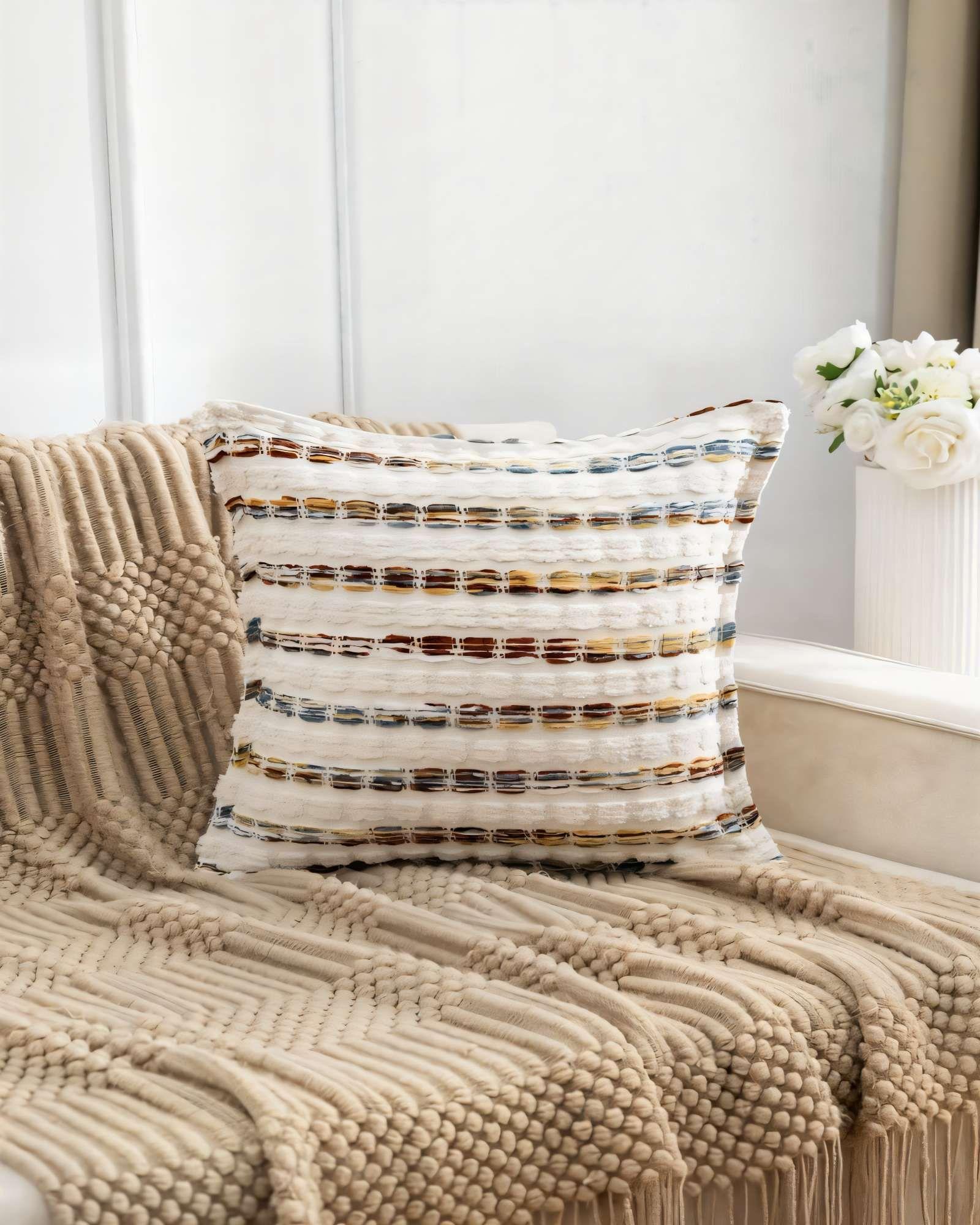 SET DE 2 FUNDAS DE COJIN 45CMX45CM  A RAYAS BEIGE CON COLORES VARIADOS-2