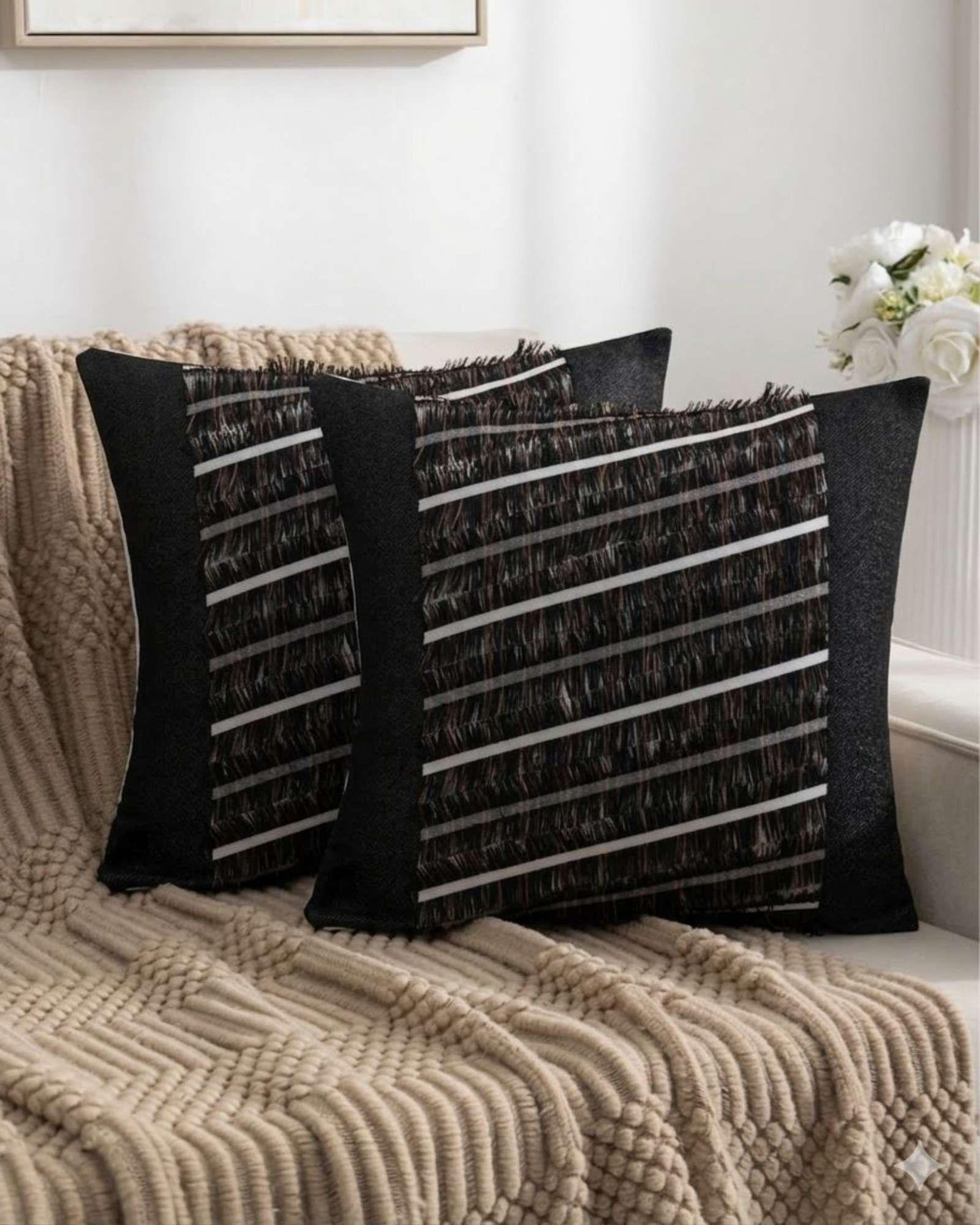 PACK DE 2 FUNDAS DE COJIN CHENILLE CON FLECOS NEGRO-2