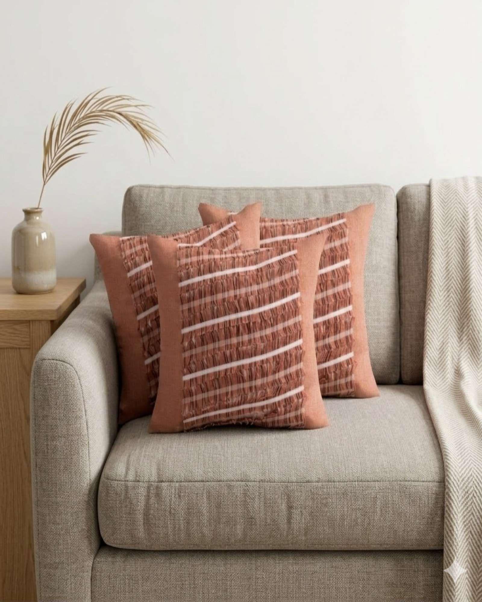 PACK DE 3 FUNDAS DE COJIN CHENILLE CON FLECOS TERRACOTA-2