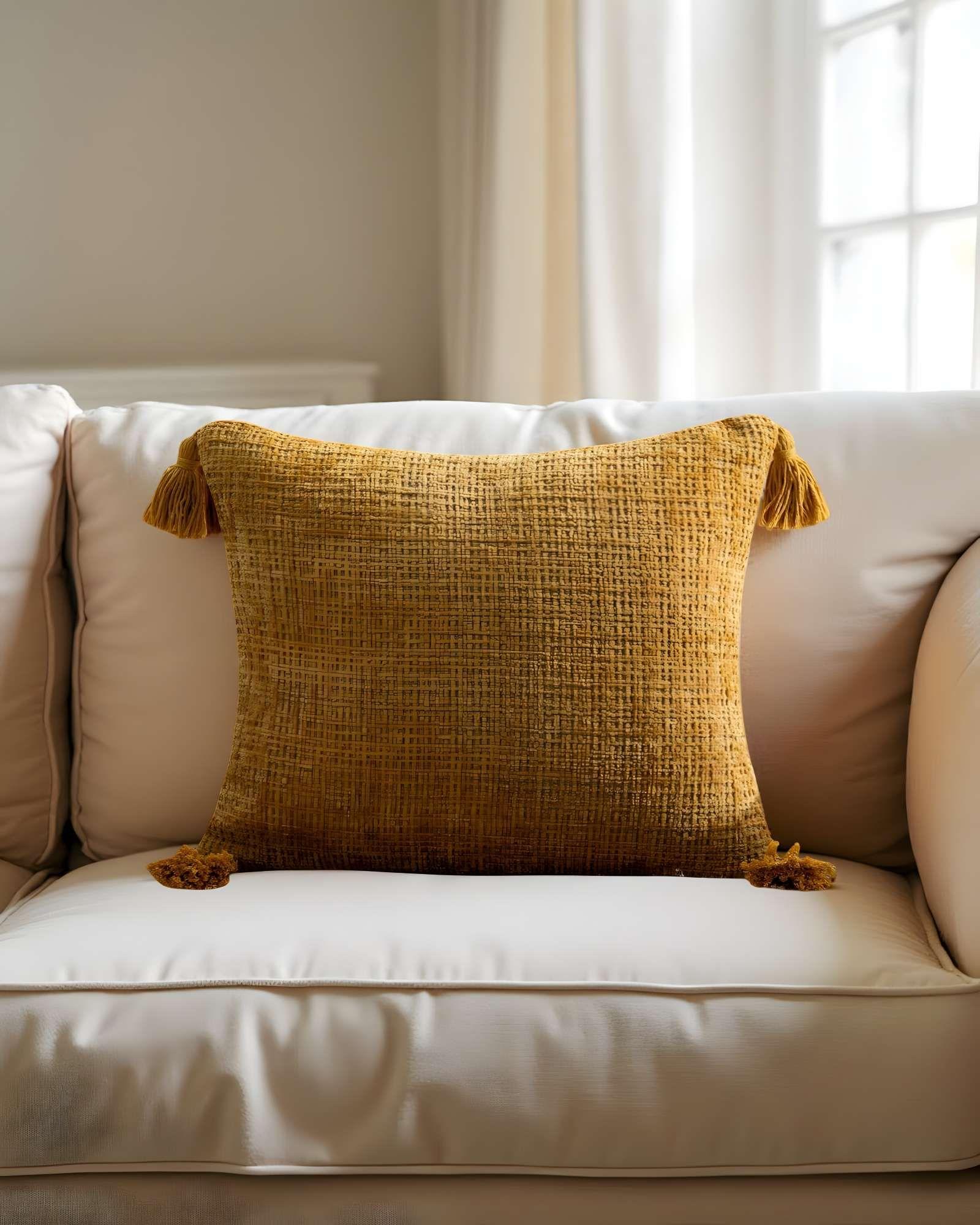 PACK DE 4 FUNDAS DE COJIN CHENILLE CON BORLAS 45X45 AMARILLO-3