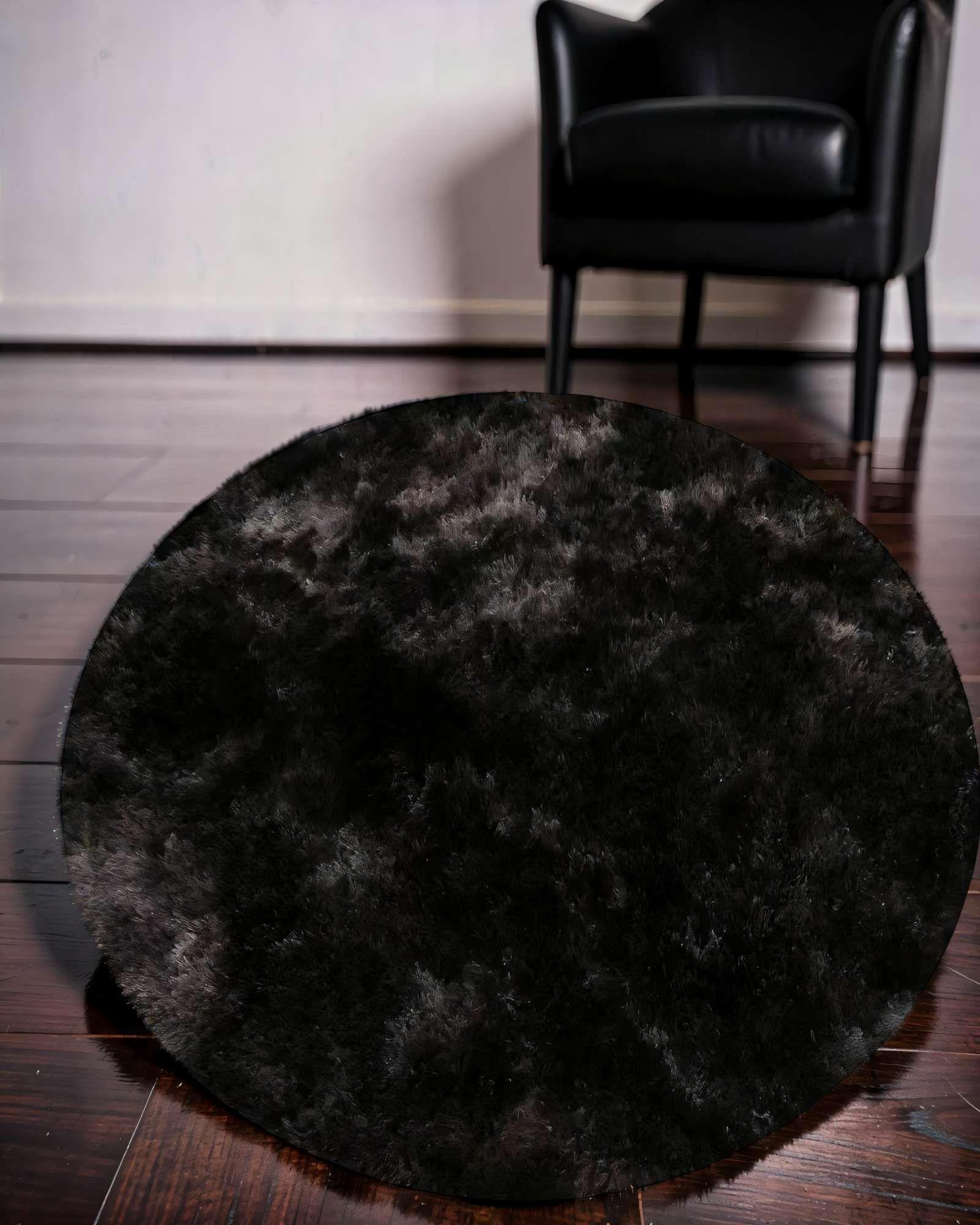 ALFOMBRA REDONDA DE TEXTURA PREMIUM  150CM X 150CM DECORATIVA COLOR NEGRO CON DETALLES EN BLANCO-3