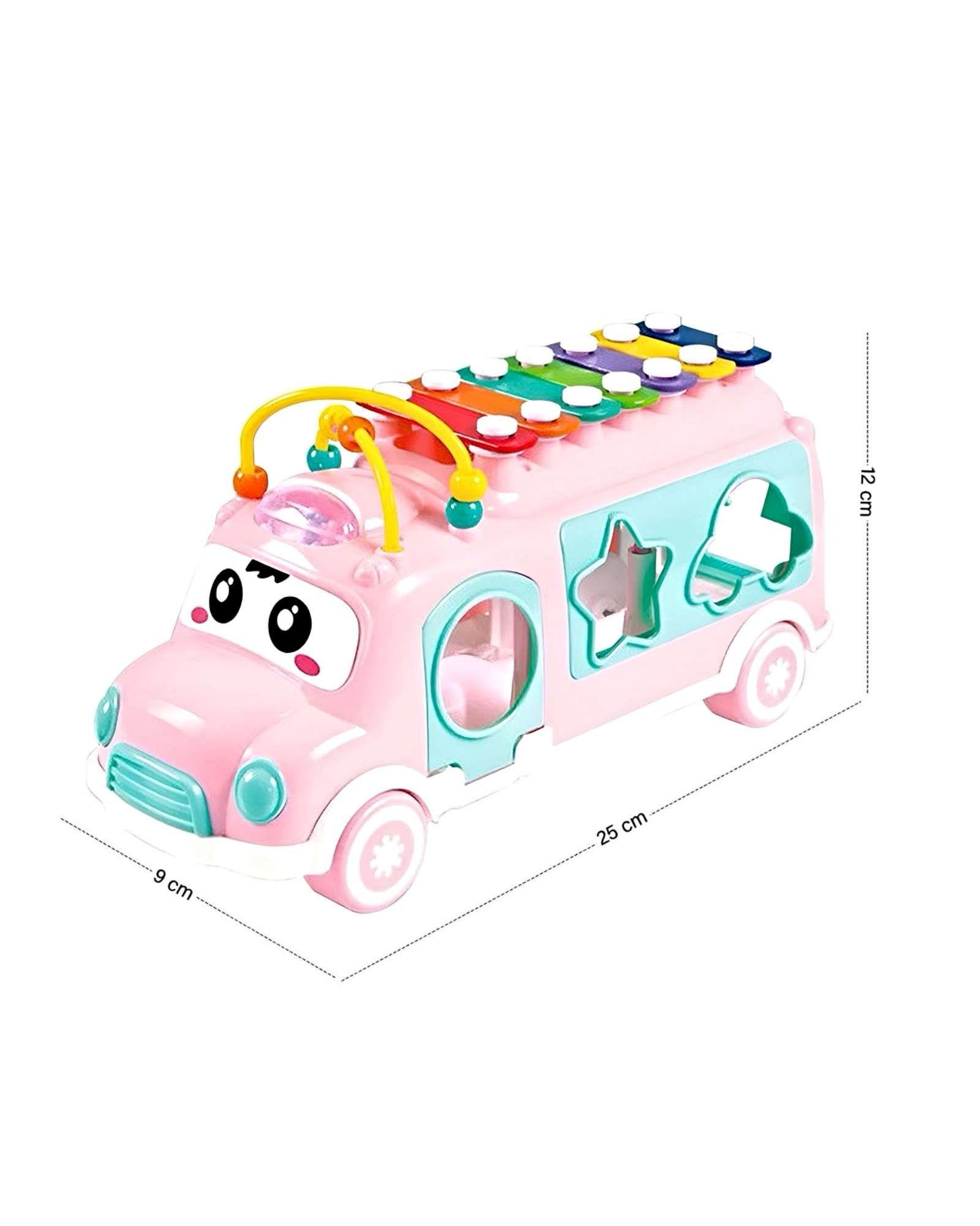 Juguete Bus Musical Infantil Clasificador de Bloques y Xilófono rosa-2