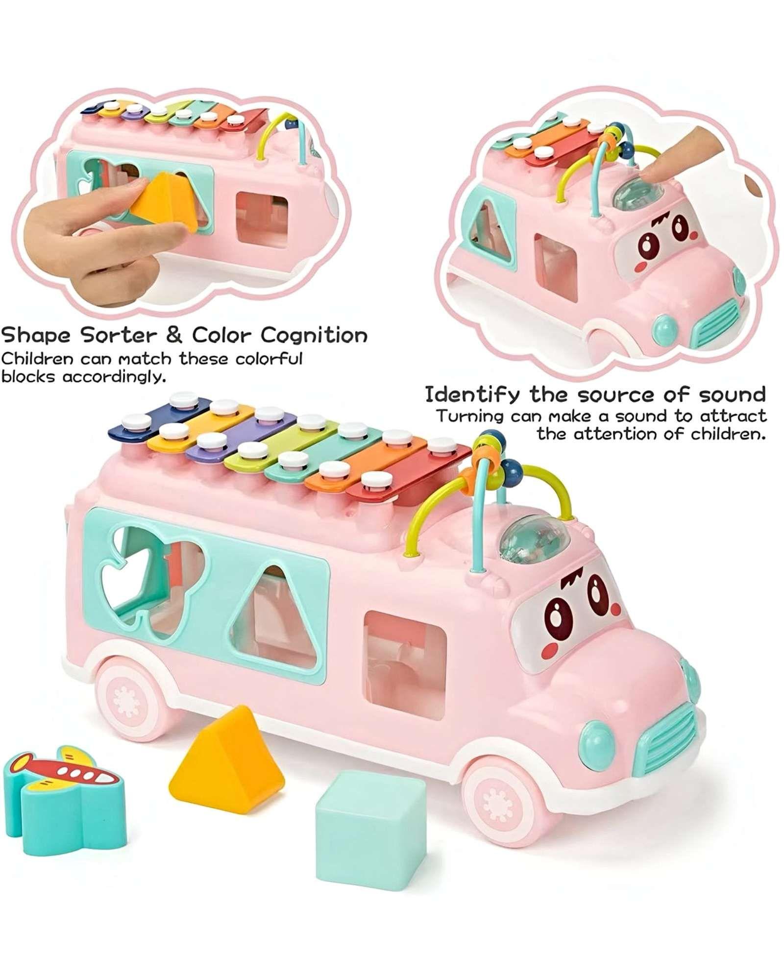Juguete Bus Musical Infantil Clasificador de Bloques y Xilófono rosa-4