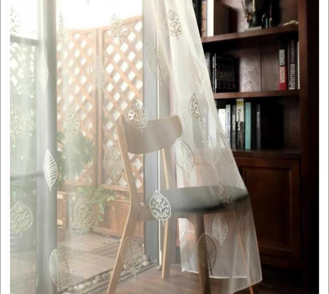 VISILLO CORTINA HOJAS BLANCAS 140x230 Cm 2 PAÑOS-2