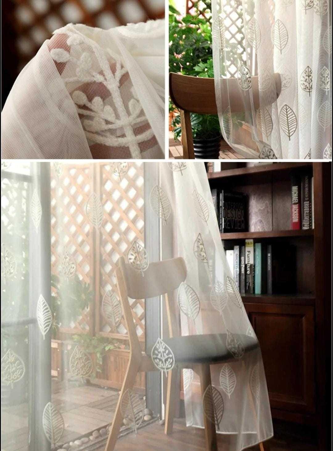 VISILLO CORTINA HOJAS BLANCAS 140x230 Cm 2 PAÑOS-3