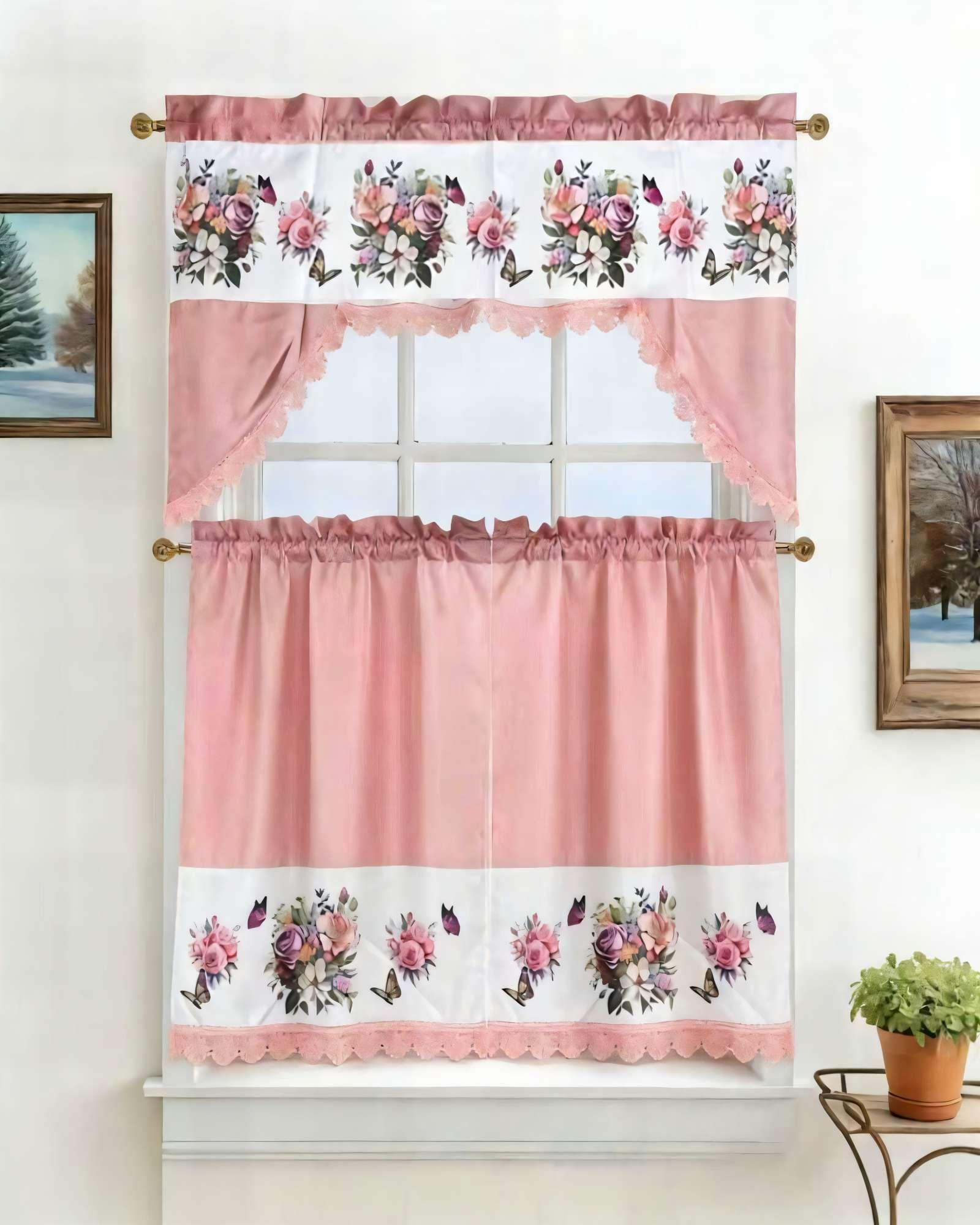 PACK DE CORTINA 3 PIEZAS PARA COCINA CON DISEÑO COLOR ROSADO-2